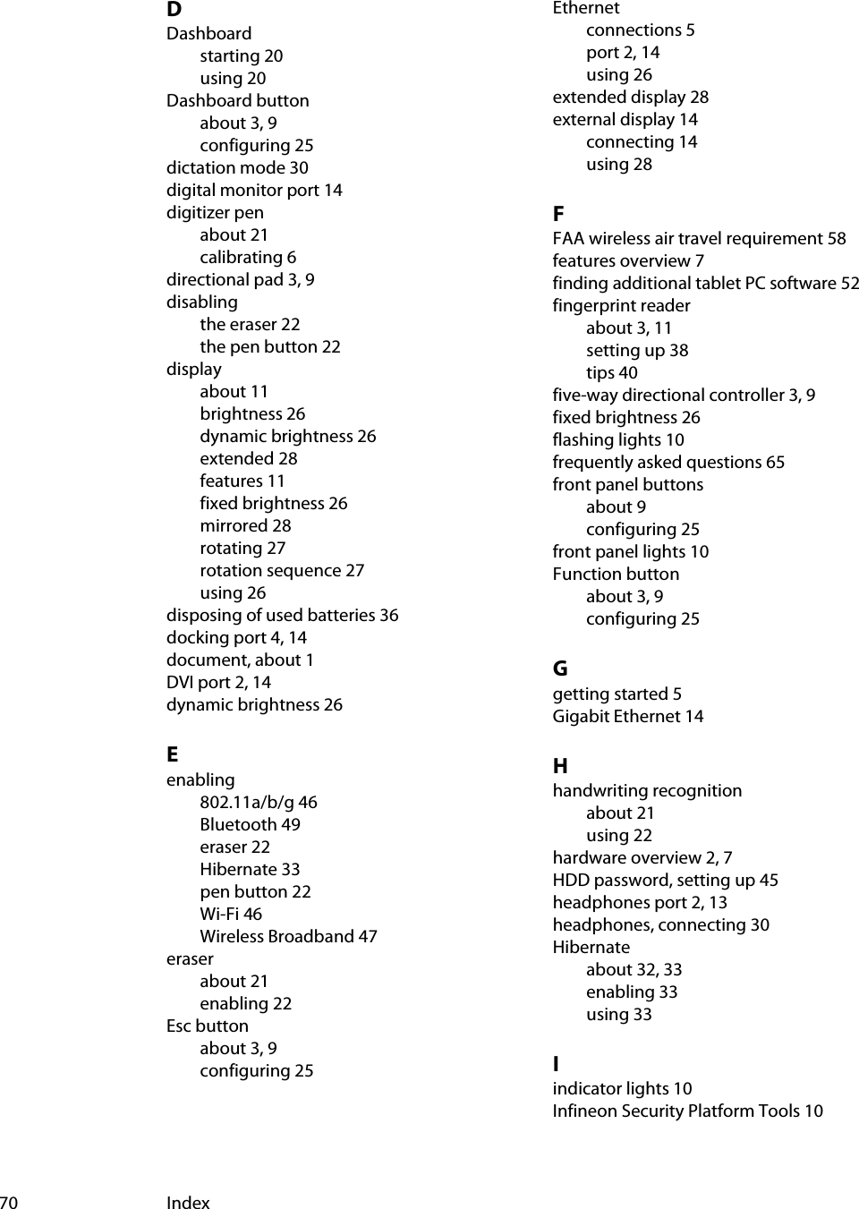 70 IndexDDashboardstarting 20using 20Dashboard buttonabout 3, 9configuring 25dictation mode 30digital monitor port 14digitizer penabout 21calibrating 6directional pad 3, 9disablingthe eraser 22the pen button 22displayabout 11brightness 26dynamic brightness 26extended 28features 11fixed brightness 26mirrored 28rotating 27rotation sequence 27using 26disposing of used batteries 36docking port 4, 14document, about 1DVI port 2, 14dynamic brightness 26Eenabling802.11a/b/g 46Bluetooth 49eraser 22Hibernate 33pen button 22Wi-Fi 46Wireless Broadband 47eraserabout 21enabling 22Esc buttonabout 3, 9configuring 25Ethernetconnections 5port 2, 14using 26extended display 28external display 14connecting 14using 28FFAA wireless air travel requirement 58features overview 7finding additional tablet PC software 52fingerprint readerabout 3, 11setting up 38tips 40five-way directional controller 3, 9fixed brightness 26flashing lights 10frequently asked questions 65front panel buttonsabout 9configuring 25front panel lights 10Function buttonabout 3, 9configuring 25Ggetting started 5Gigabit Ethernet 14Hhandwriting recognitionabout 21using 22hardware overview 2, 7HDD password, setting up 45headphones port 2, 13headphones, connecting 30Hibernateabout 32, 33enabling 33using 33Iindicator lights 10Infineon Security Platform Tools 10