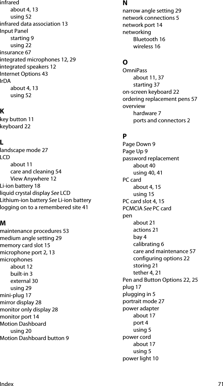 Index 71infraredabout 4, 13using 52infrared data association 13Input Panelstarting 9using 22insurance 67integrated microphones 12, 29integrated speakers 12Internet Options 43IrDAabout 4, 13using 52Kkey button 11keyboard 22Llandscape mode 27LCDabout 11care and cleaning 54View Anywhere 12Li-ion battery 18liquid crystal display See LCDLithium-ion battery See Li-ion batterylogging on to a remembered site 41Mmaintenance procedures 53medium angle setting 29memory card slot 15microphone port 2, 13microphonesabout 12built-in 3external 30using 29mini-plug 17mirror display 28monitor only display 28monitor port 14Motion Dashboardusing 20Motion Dashboard button 9Nnarrow angle setting 29network connections 5network port 14networkingBluetooth 16wireless 16OOmniPassabout 11, 37starting 37on-screen keyboard 22ordering replacement pens 57overviewhardware 7ports and connectors 2PPage Down 9Page Up 9password replacementabout 40using 40, 41PC cardabout 4, 15using 15PC card slot 4, 15PCMCIA See PC cardpenabout 21actions 21bay 4calibrating 6care and maintenance 57configuring options 22storing 21tether 4, 21Pen and Button Options 22, 25plug 17plugging in 5portrait mode 27power adapterabout 17port 4using 5power cordabout 17using 5power light 10