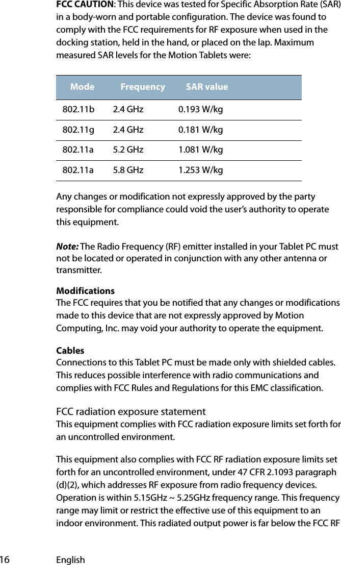  16 EnglishFCC CAUTION: This device was tested for Specific Absorption Rate (SAR) in a body-worn and portable configuration. The device was found to comply with the FCC requirements for RF exposure when used in the docking station, held in the hand, or placed on the lap. Maximum measured SAR levels for the Motion Tablets were:Any changes or modification not expressly approved by the party responsible for compliance could void the user’s authority to operate this equipment.Note: The Radio Frequency (RF) emitter installed in your Tablet PC must not be located or operated in conjunction with any other antenna or transmitter.ModificationsThe FCC requires that you be notified that any changes or modifications made to this device that are not expressly approved by Motion Computing, Inc. may void your authority to operate the equipment.CablesConnections to this Tablet PC must be made only with shielded cables. This reduces possible interference with radio communications and complies with FCC Rules and Regulations for this EMC classification.FCC radiation exposure statementThis equipment complies with FCC radiation exposure limits set forth for an uncontrolled environment.This equipment also complies with FCC RF radiation exposure limits set forth for an uncontrolled environment, under 47 CFR 2.1093 paragraph (d)(2), which addresses RF exposure from radio frequency devices. Operation is within 5.15GHz ~ 5.25GHz frequency range. This frequency range may limit or restrict the effective use of this equipment to an indoor environment. This radiated output power is far below the FCC RF Mode Frequency SAR value802.11b 2.4 GHz 0.193 W/kg802.11g 2.4 GHz 0.181 W/kg802.11a 5.2 GHz 1.081 W/kg802.11a 5.8 GHz 1.253 W/kg