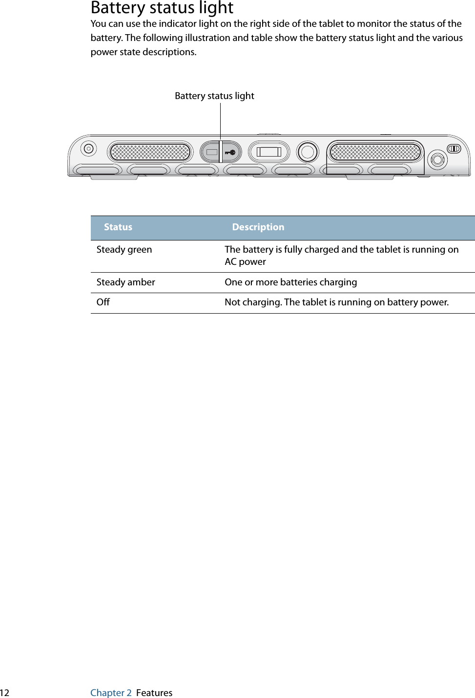 12 Chapter 2 FeaturesBattery status lightYou can use the indicator light on the right side of the tablet to monitor the status of the battery. The following illustration and table show the battery status light and the various power state descriptions.Status DescriptionSteady green The battery is fully charged and the tablet is running on AC powerSteady amber One or more batteries chargingOff Not charging. The tablet is running on battery power.Battery status light