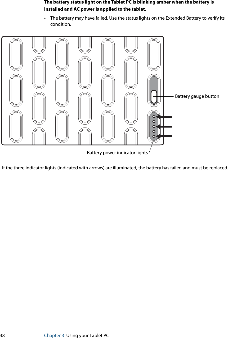 38 Chapter 3 Using your Tablet PCThe battery status light on the Tablet PC is blinking amber when the battery is installed and AC power is applied to the tablet.•The battery may have failed. Use the status lights on the Extended Battery to verify its condition.Battery gauge buttonIf the three indicator lights (indicated with arrows) are illuminated, the battery has failed and must be replaced. Battery power indicator lights