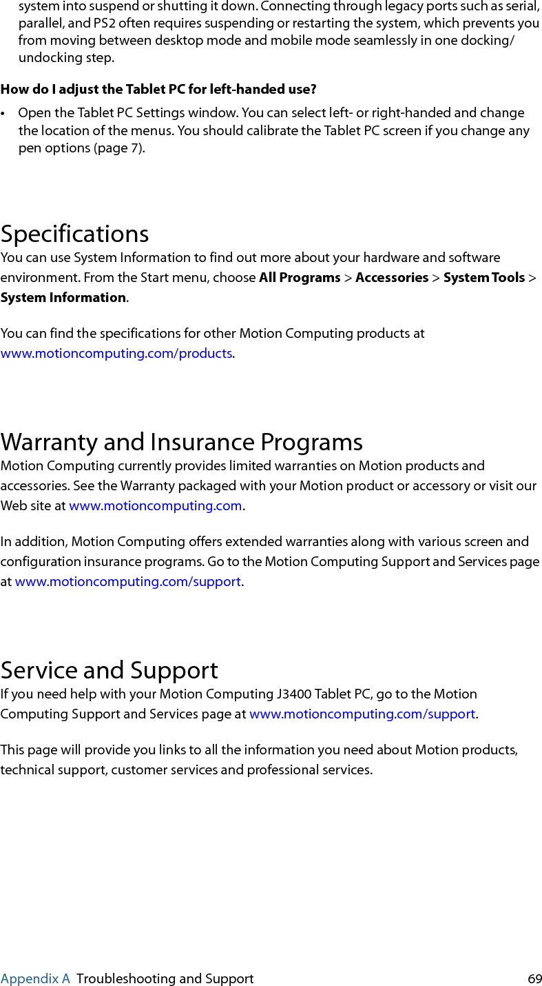 70 Appendix A Troubleshooting and Support