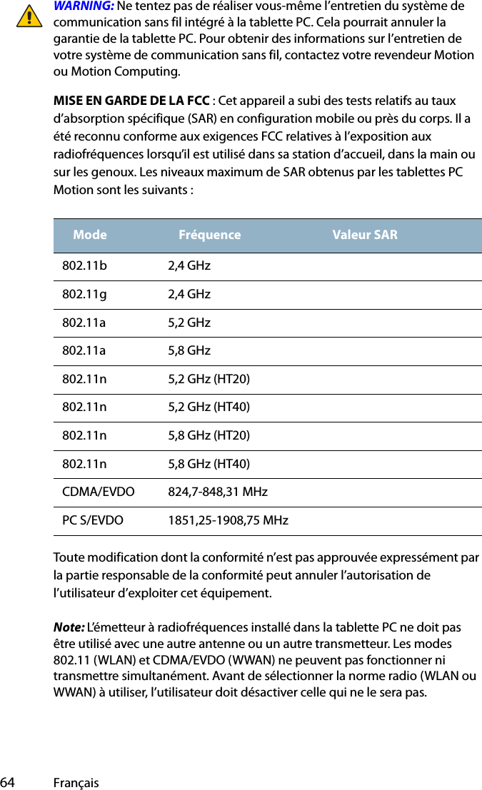  64 FrançaisWARNING: Ne tentez pas de réaliser vous-même l’entretien du système de communication sans fil intégré à la tablette PC. Cela pourrait annuler la garantie de la tablette PC. Pour obtenir des informations sur l’entretien de votre système de communication sans fil, contactez votre revendeur Motion ou Motion Computing.MISE EN GARDE DE LA FCC : Cet appareil a subi des tests relatifs au taux d’absorption spécifique (SAR) en configuration mobile ou près du corps. Il a été reconnu conforme aux exigences FCC relatives à l’exposition aux radiofréquences lorsqu’il est utilisé dans sa station d’accueil, dans la main ou sur les genoux. Les niveaux maximum de SAR obtenus par les tablettes PC Motion sont les suivants :Toute modification dont la conformité n’est pas approuvée expressément par la partie responsable de la conformité peut annuler l’autorisation de l’utilisateur d’exploiter cet équipement.Note: L’émetteur à radiofréquences installé dans la tablette PC ne doit pas être utilisé avec une autre antenne ou un autre transmetteur. Les modes 802.11 (WLAN) et CDMA/EVDO (WWAN) ne peuvent pas fonctionner ni transmettre simultanément. Avant de sélectionner la norme radio (WLAN ou WWAN) à utiliser, l’utilisateur doit désactiver celle qui ne le sera pas.Mode Fréquence Valeur SAR802.11b 2,4 GHz802.11g 2,4 GHz802.11a 5,2 GHz802.11a 5,8 GHz802.11n 5,2 GHz (HT20)802.11n 5,2 GHz (HT40)802.11n 5,8 GHz (HT20)802.11n 5,8 GHz (HT40)CDMA/EVDO 824,7-848,31 MHzPC S/EVDO 1851,25-1908,75 MHz