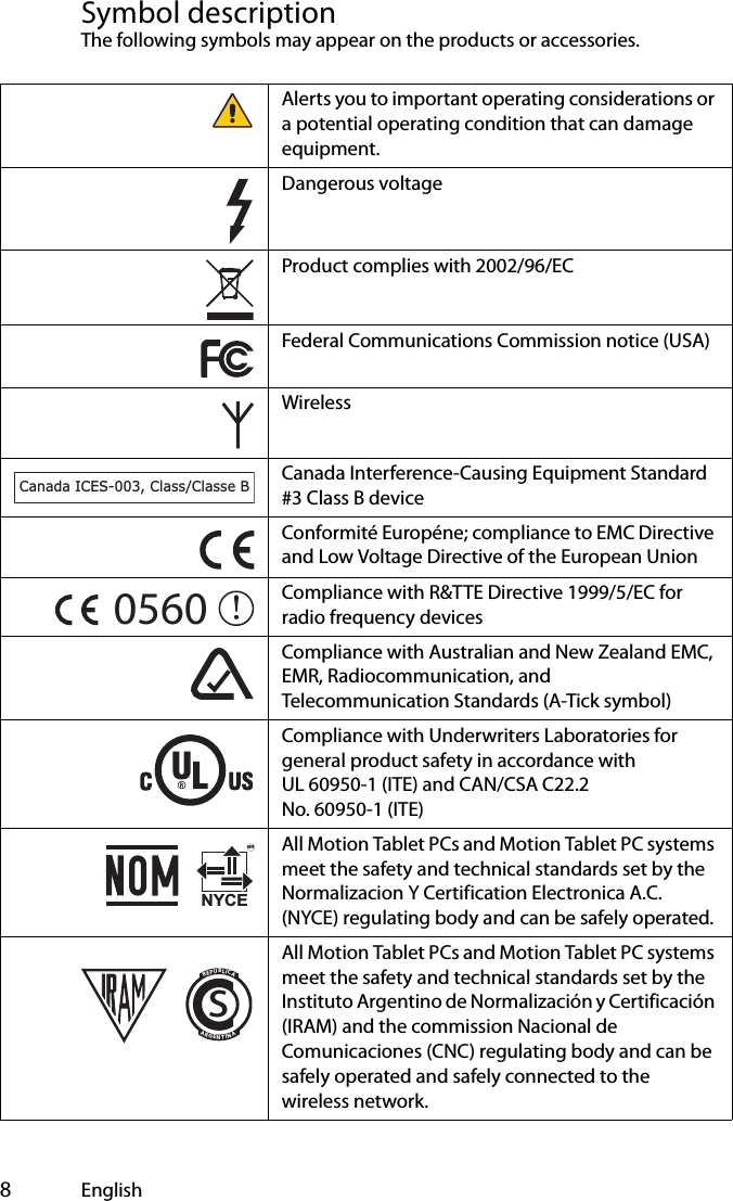  8EnglishSymbol descriptionThe following symbols may appear on the products or accessories.Alerts you to important operating considerations or a potential operating condition that can damage equipment.Dangerous voltageProduct complies with 2002/96/ECFederal Communications Commission notice (USA)WirelessCanada Interference-Causing Equipment Standard #3 Class B deviceConformité Européne; compliance to EMC Directive and Low Voltage Directive of the European UnionCompliance with R&amp;TTE Directive 1999/5/EC for radio frequency devicesCompliance with Australian and New Zealand EMC, EMR, Radiocommunication, and Telecommunication Standards (A-Tick symbol)Compliance with Underwriters Laboratories for general product safety in accordance with UL 60950-1 (ITE) and CAN/CSA C22.2 No. 60950-1 (ITE)All Motion Tablet PCs and Motion Tablet PC systems meet the safety and technical standards set by the Normalizacion Y Certification Electronica A.C. (NYCE) regulating body and can be safely operated.All Motion Tablet PCs and Motion Tablet PC systems meet the safety and technical standards set by the Instituto Argentino de Normalización y Certificación (IRAM) and the commission Nacional de Comunicaciones (CNC) regulating body and can be safely operated and safely connected to the wireless network.Canada ICES-003, Class/Classe B0560NYCEMRsREPUBLICAARGENTINA