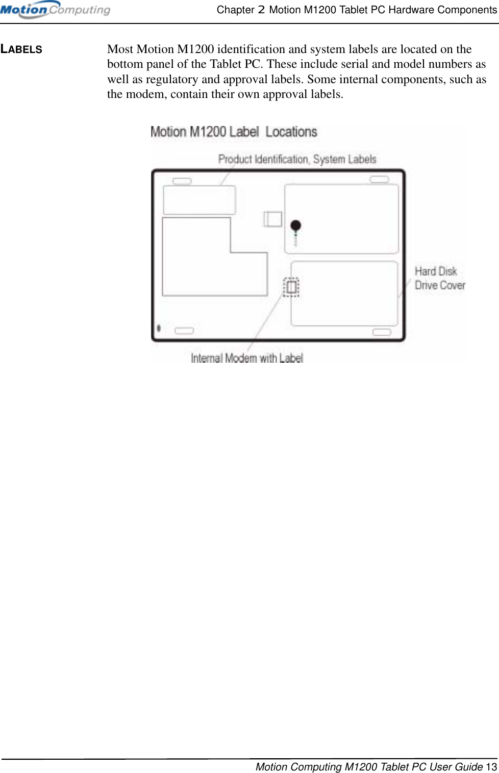 Chapter 2  Motion M1200 Tablet PC Hardware ComponentsMotion Computing M1200 Tablet PC User Guide 13LABELS Most Motion M1200 identification and system labels are located on the bottom panel of the Tablet PC. These include serial and model numbers as well as regulatory and approval labels. Some internal components, such as the modem, contain their own approval labels.
