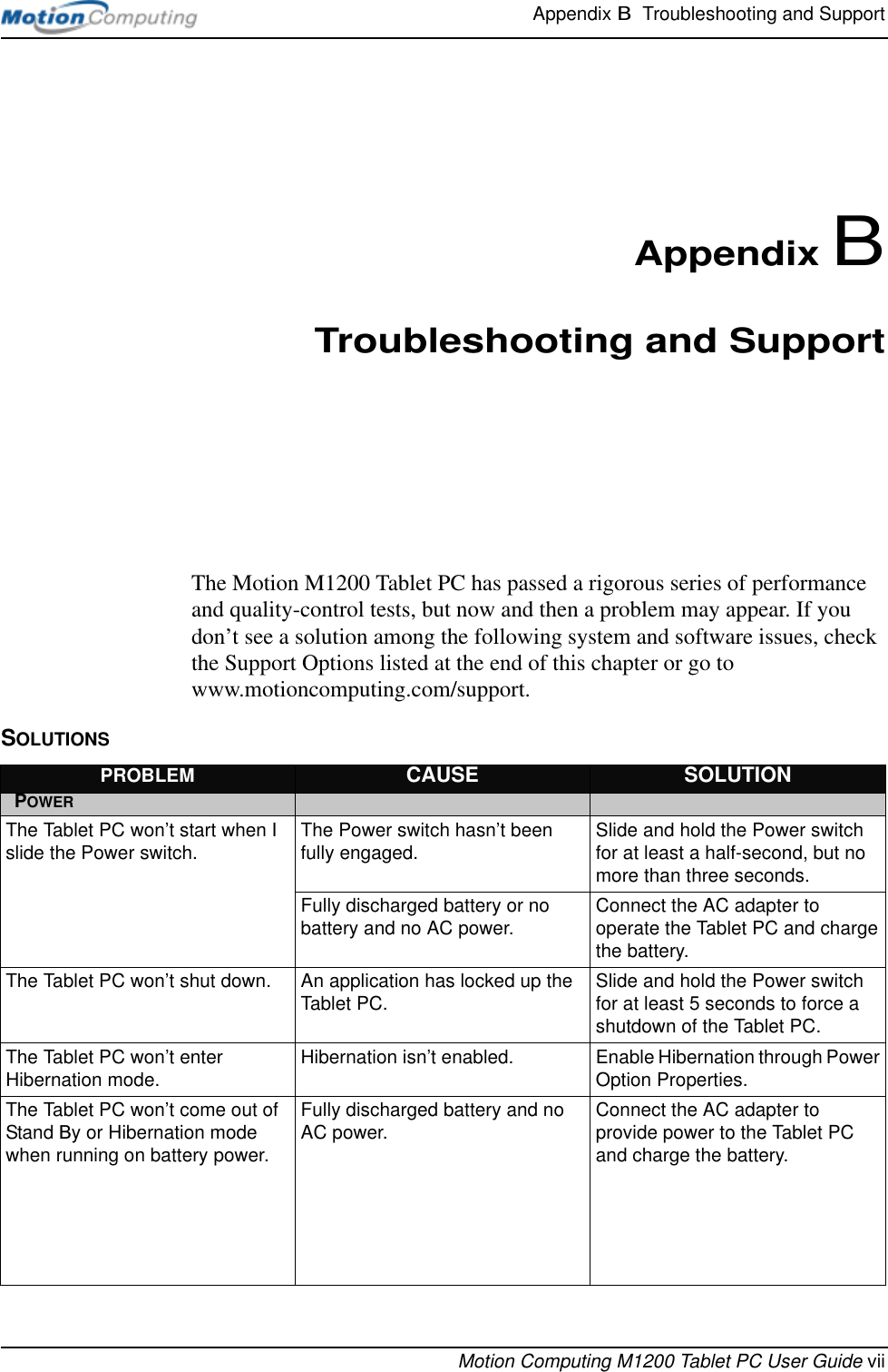 Appendix B  Troubleshooting and SupportMotion Computing M1200 Tablet PC User Guide viiAppendix BTroubleshooting and SupportThe Motion M1200 Tablet PC has passed a rigorous series of performance and quality-control tests, but now and then a problem may appear. If you don’t see a solution among the following system and software issues, check the Support Options listed at the end of this chapter or go to www.motioncomputing.com/support.SOLUTIONSPROBLEM CAUSE SOLUTIONPOWERThe Tablet PC won’t start when I slide the Power switch. The Power switch hasn’t been fully engaged. Slide and hold the Power switch for at least a half-second, but no more than three seconds.Fully discharged battery or no battery and no AC power. Connect the AC adapter to operate the Tablet PC and charge the battery.The Tablet PC won’t shut down. An application has locked up the Tablet PC. Slide and hold the Power switch for at least 5 seconds to force a shutdown of the Tablet PC.The Tablet PC won’t enter Hibernation mode. Hibernation isn’t enabled. Enable Hibernation through Power Option Properties.The Tablet PC won’t come out of Stand By or Hibernation mode when running on battery power.Fully discharged battery and no AC power. Connect the AC adapter to provide power to the Tablet PC and charge the battery.