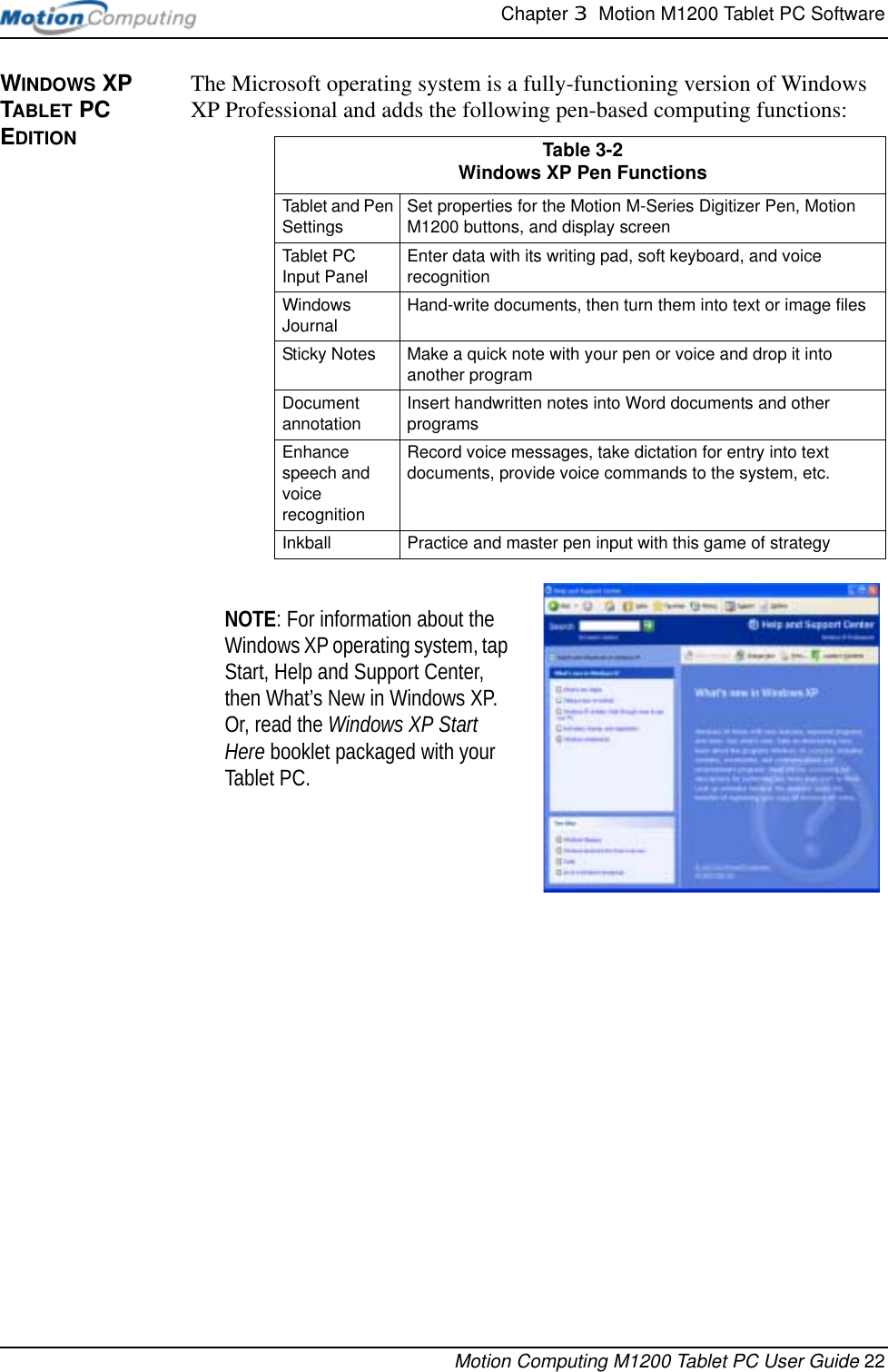 Chapter 3  Motion M1200 Tablet PC SoftwareMotion Computing M1200 Tablet PC User Guide 22WINDOWS XP TABLET PC EDITION The Microsoft operating system is a fully-functioning version of Windows XP Professional and adds the following pen-based computing functions:NOTE: For information about the Windows XP operating system, tap Start, Help and Support Center, then What’s New in Windows XP. Or, read the Windows XP Start Here booklet packaged with your Tablet PC.Table 3-2Windows XP Pen FunctionsTablet and Pen Settings Set properties for the Motion M-Series Digitizer Pen, Motion M1200 buttons, and display screenTablet PC Input Panel Enter data with its writing pad, soft keyboard, and voice recognitionWindows Journal Hand-write documents, then turn them into text or image filesSticky Notes Make a quick note with your pen or voice and drop it into another programDocument annotation Insert handwritten notes into Word documents and other programsEnhance speech and voice recognitionRecord voice messages, take dictation for entry into text documents, provide voice commands to the system, etc.Inkball Practice and master pen input with this game of strategy
