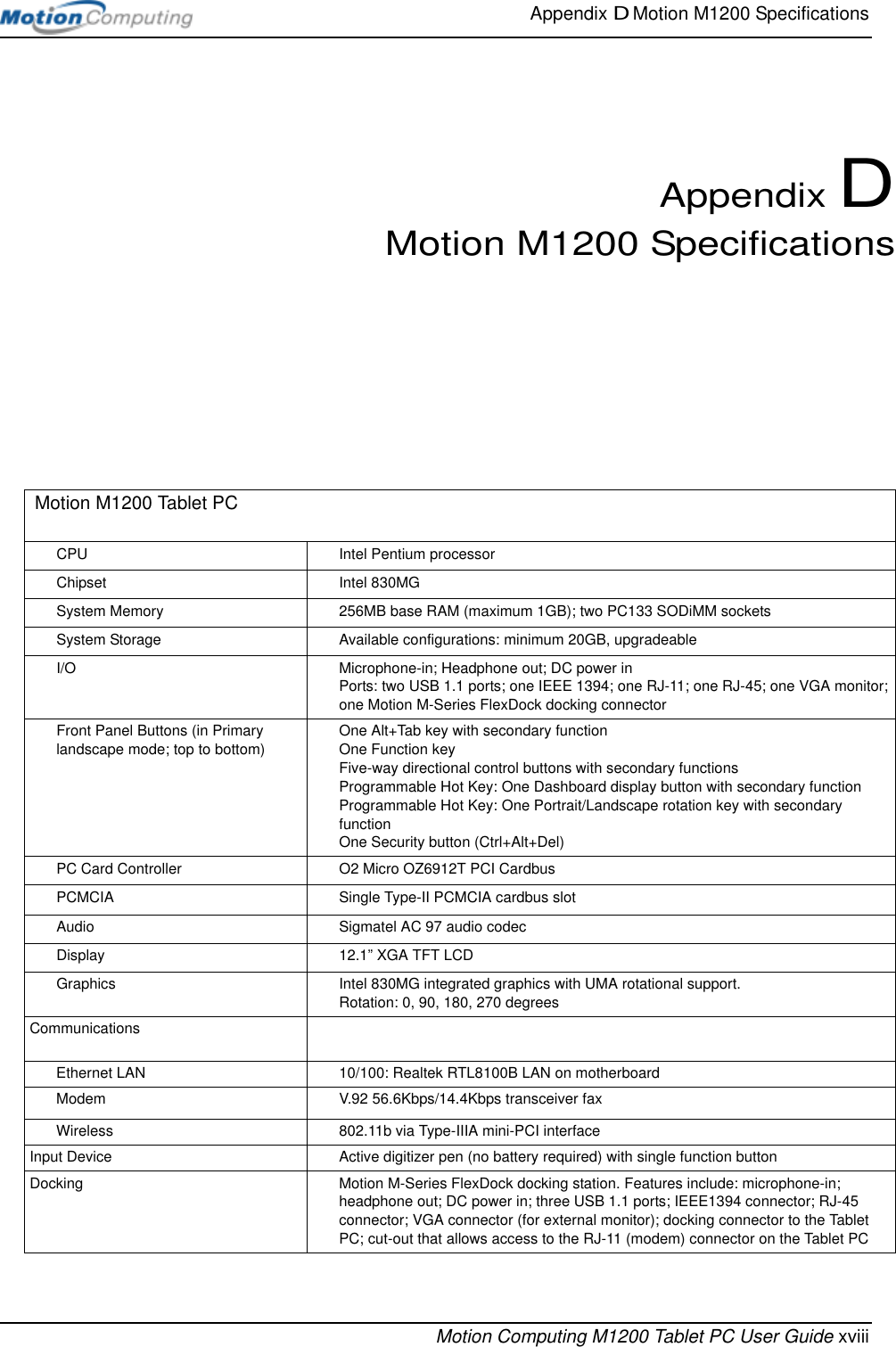 Appendix D Motion M1200 SpecificationsMotion Computing M1200 Tablet PC User Guide xviiiAppendix DMotion M1200 Specifications Motion M1200 Tablet PCCPU Intel Pentium processorChipset Intel 830MGSystem Memory 256MB base RAM (maximum 1GB); two PC133 SODiMM socketsSystem Storage Available configurations: minimum 20GB, upgradeableI/O Microphone-in; Headphone out; DC power in Ports: two USB 1.1 ports; one IEEE 1394; one RJ-11; one RJ-45; one VGA monitor; one Motion M-Series FlexDock docking connectorFront Panel Buttons (in Primary landscape mode; top to bottom)One Alt+Tab key with secondary functionOne Function keyFive-way directional control buttons with secondary functionsProgrammable Hot Key: One Dashboard display button with secondary functionProgrammable Hot Key: One Portrait/Landscape rotation key with secondary functionOne Security button (Ctrl+Alt+Del)PC Card Controller O2 Micro OZ6912T PCI Cardbus PCMCIA  Single Type-II PCMCIA cardbus slotAudio Sigmatel AC 97 audio codecDisplay 12.1” XGA TFT LCDGraphics Intel 830MG integrated graphics with UMA rotational support. Rotation: 0, 90, 180, 270 degreesCommunicationsEthernet LAN 10/100: Realtek RTL8100B LAN on motherboardModem V.92 56.6Kbps/14.4Kbps transceiver faxWireless 802.11b via Type-IIIA mini-PCI interfaceInput Device Active digitizer pen (no battery required) with single function button Docking Motion M-Series FlexDock docking station. Features include: microphone-in; headphone out; DC power in; three USB 1.1 ports; IEEE1394 connector; RJ-45 connector; VGA connector (for external monitor); docking connector to the Tablet PC; cut-out that allows access to the RJ-11 (modem) connector on the Tablet PC