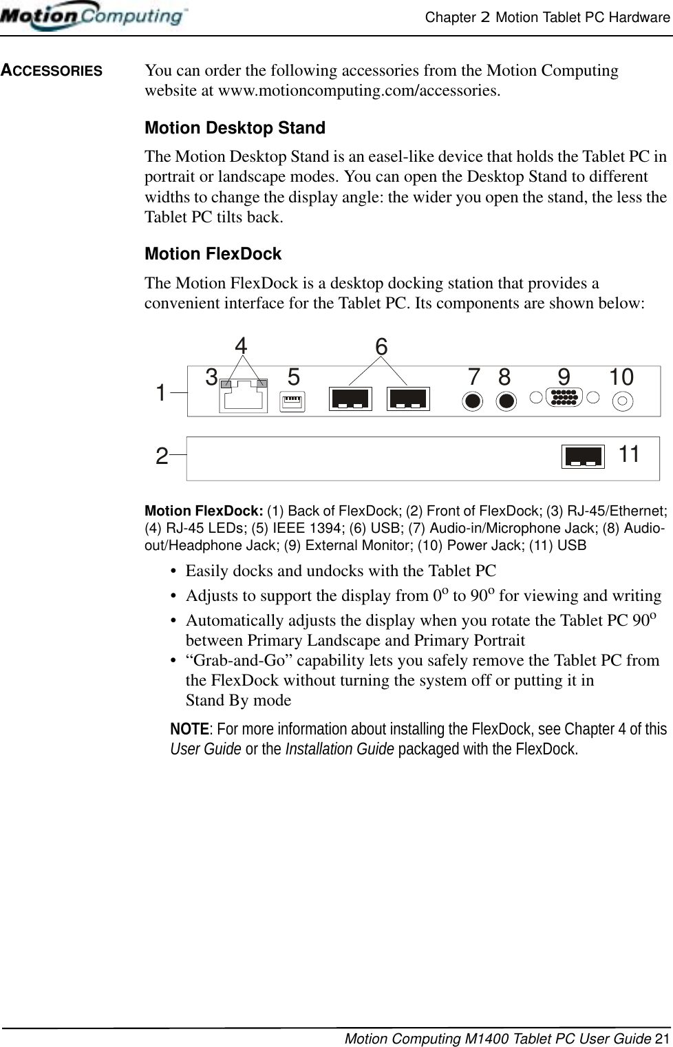 Chapter 2  Motion Tablet PC HardwareMotion Computing M1400 Tablet PC User Guide 21ACCESSORIES You can order the following accessories from the Motion Computing website at www.motioncomputing.com/accessories.Motion Desktop StandThe Motion Desktop Stand is an easel-like device that holds the Tablet PC in portrait or landscape modes. You can open the Desktop Stand to different widths to change the display angle: the wider you open the stand, the less the Tablet PC tilts back.Motion FlexDockThe Motion FlexDock is a desktop docking station that provides a convenient interface for the Tablet PC. Its components are shown below: Motion FlexDock: (1) Back of FlexDock; (2) Front of FlexDock; (3) RJ-45/Ethernet; (4) RJ-45 LEDs; (5) IEEE 1394; (6) USB; (7) Audio-in/Microphone Jack; (8) Audio-out/Headphone Jack; (9) External Monitor; (10) Power Jack; (11) USB• Easily docks and undocks with the Tablet PC• Adjusts to support the display from 0o to 90o for viewing and writing• Automatically adjusts the display when you rotate the Tablet PC 90o between Primary Landscape and Primary Portrait• “Grab-and-Go” capability lets you safely remove the Tablet PC from the FlexDock without turning the system off or putting it in Stand By modeNOTE: For more information about installing the FlexDock, see Chapter 4 of this User Guide or the Installation Guide packaged with the FlexDock.1234511109678