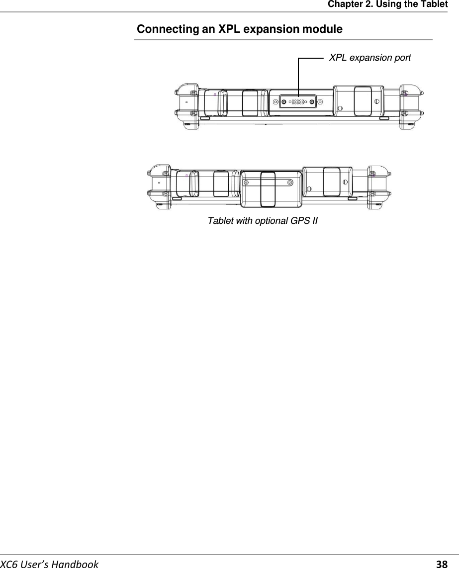 Chapter 2. Using the Tablet   XC6 User’s Handbook 38 Connecting an XPL expansion module  XPL expansion port           Tablet with optional GPS II    