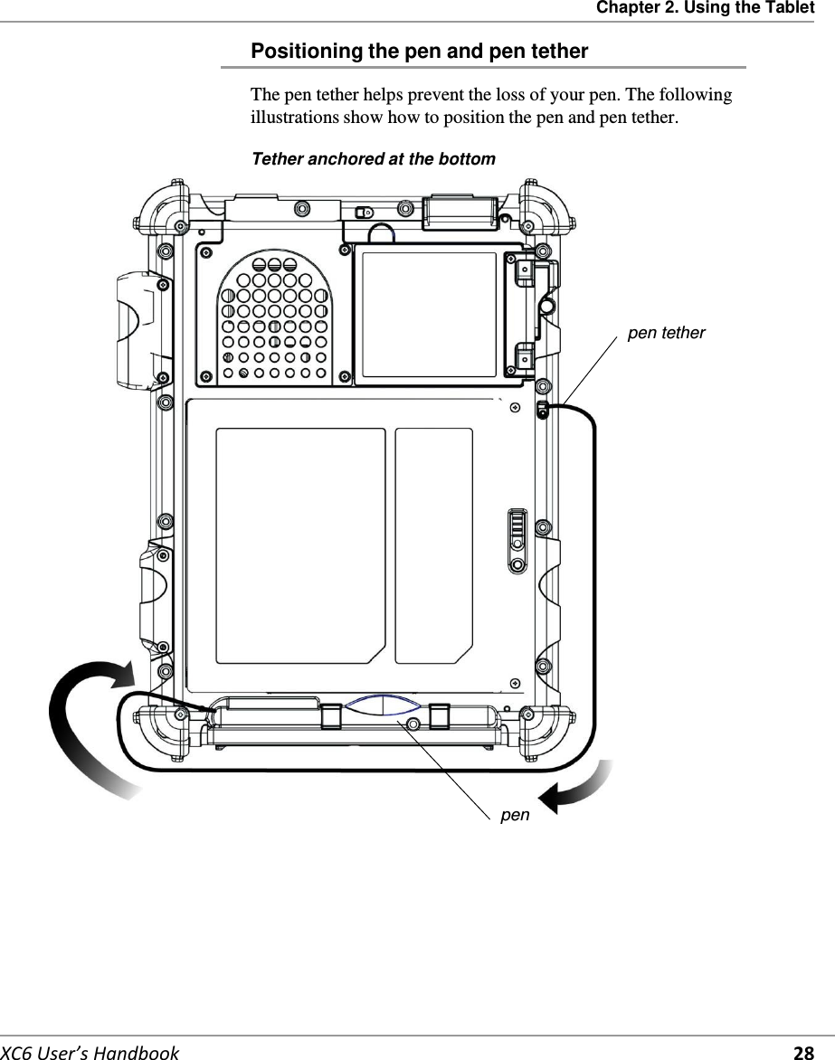 Chapter 2. Using the Tablet   XC6 User’s Handbook 28  Positioning the pen and pen tether  The pen tether helps prevent the loss of your pen. The following illustrations show how to position the pen and pen tether.  Tether anchored at the bottom         pen tether                         pen       