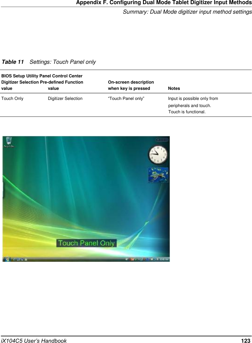     Appendix F. Configuring Dual Mode Tablet Digitizer Input Methods Summary: Dual Mode digitizer input method settings       Table 11       Settings: Touch Panel only  BIOS Setup Utility Panel Control Center Digitizer Selection Pre-defined Function  On-screen description value Touch Only value Digitizer Selection when key is pressed “Touch Panel only” Notes Input is possible only from peripherals and touch. Touch is functional.                                     iX104C5 User’s Handbook                                     123