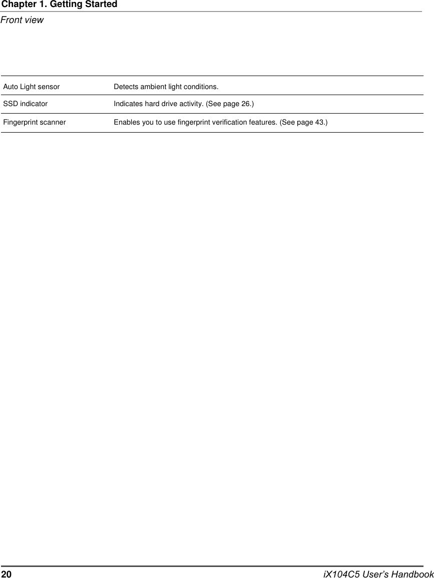   Chapter 1. Getting Started Front view      Auto Light sensor      Detects ambient light conditions. SSD indicator  Indicates hard drive activity. (See page 26.) Fingerprint scanner  Enables you to use fingerprint verification features. (See page 43.)                                           20                                           iX104C5 User’s Handbook