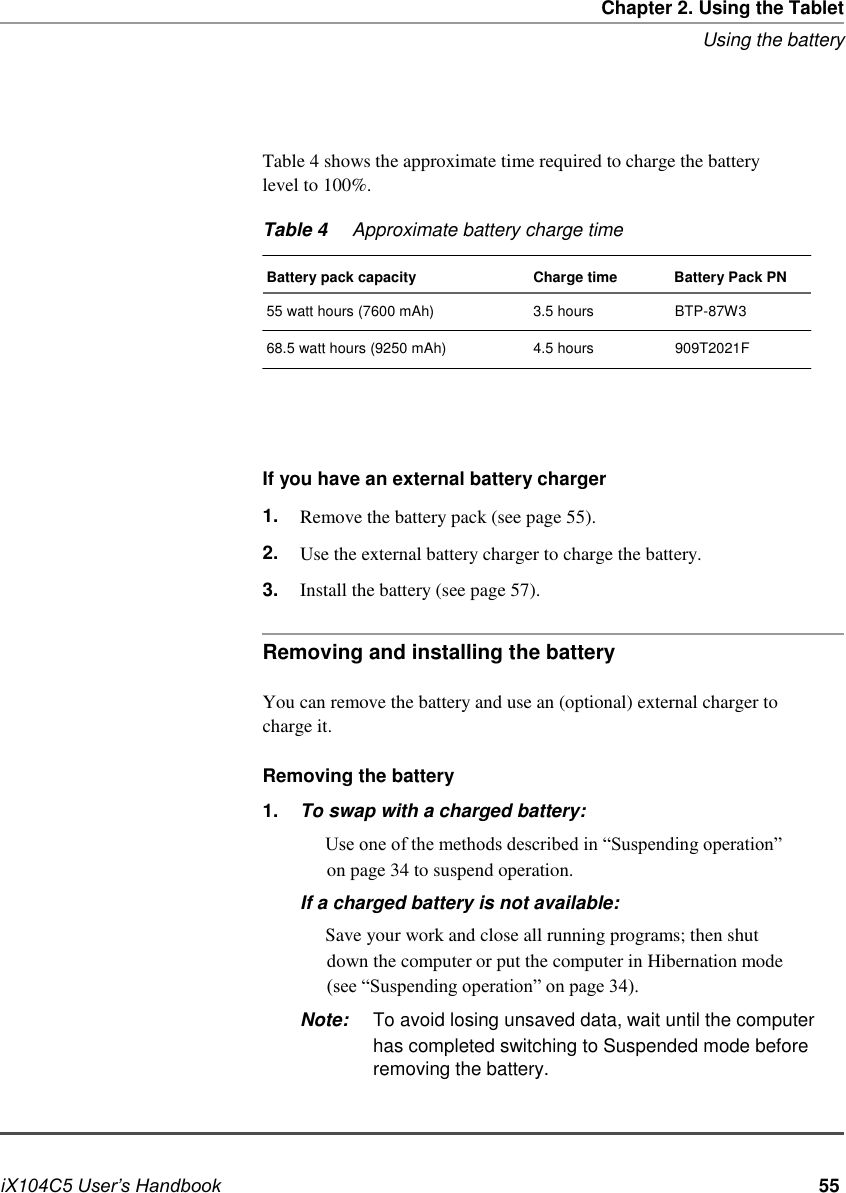   Chapter 2. Using the Tablet Using the battery     Table 4 shows the approximate time required to charge the battery level to 100%.  Table 4   Approximate battery charge time  Battery pack capacity 55 watt hours (7600 mAh) 68.5 watt hours (9250 mAh)  Charge time              Battery Pack PN 3.5 hours                    BTP-87W3 4.5 hours                    909T2021F         If you have an external battery charger 1. 2. 3. Remove the battery pack (see page 55). Use the external battery charger to charge the battery. Install the battery (see page 57).  Removing and installing the battery  You can remove the battery and use an (optional) external charger to charge it.  Removing the battery 1. To swap with a charged battery: Use one of the methods described in “Suspending operation” on page 34 to suspend operation. If a charged battery is not available: Save your work and close all running programs; then shut down the computer or put the computer in Hibernation mode (see “Suspending operation” on page 34).         iX104C5 User’s Handbook Note:  To avoid losing unsaved data, wait until the computer has completed switching to Suspended mode before removing the battery.         55