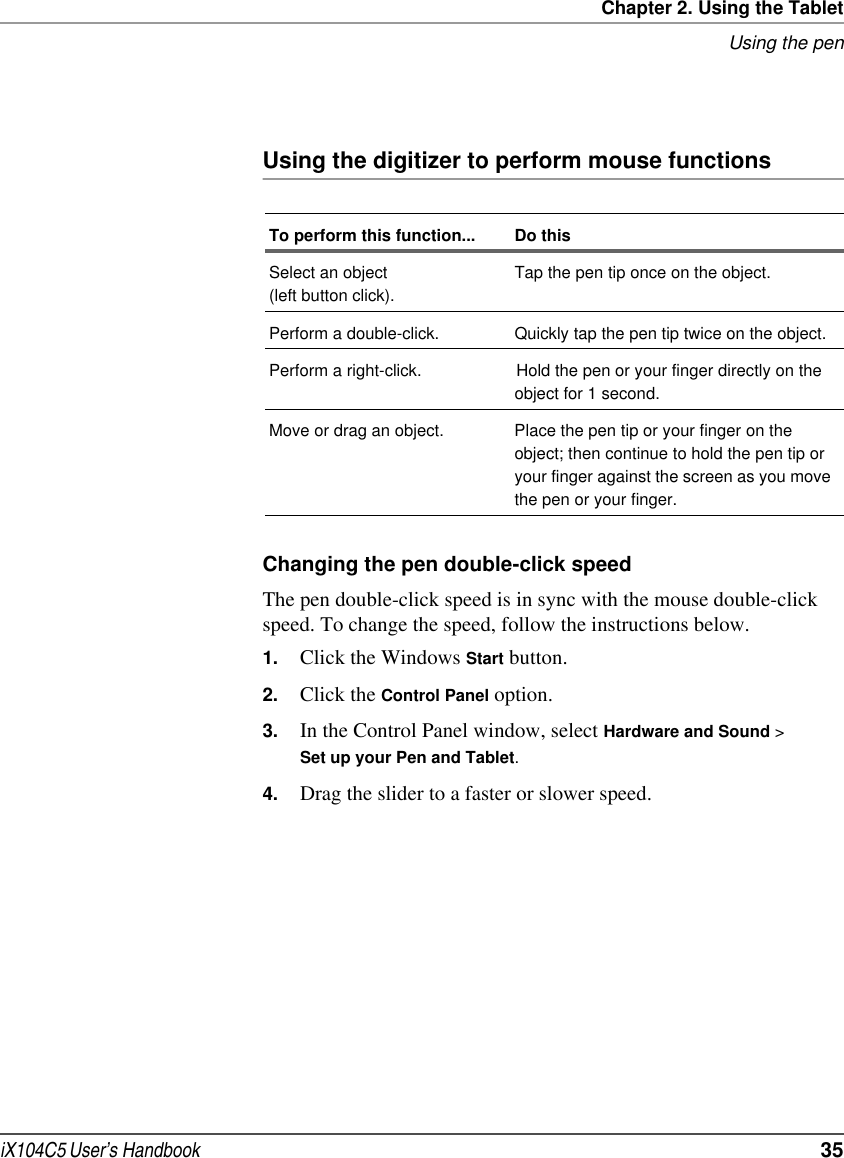 Chapter 2. Using the TabletUsing the peniX104C5 User’s Handbook  35Using the digitizer to perform mouse functionsChanging the pen double-click speedThe pen double-click speed is in sync with the mouse double-click speed. To change the speed, follow the instructions below.1. Click the Windows Start button.2. Click the Control Panel option.3. In the Control Panel window, select Hardware and Sound &gt; Set up your Pen and Tablet. 4. Drag the slider to a faster or slower speed.To perform this function... Do thisSelect an object (left button click).Tap the pen tip once on the object.Perform a double-click. Quickly tap the pen tip twice on the object.Perform a right-click. Hold the pen or your finger directly on the object for 1 second. Move or drag an object. Place the pen tip or your finger on the object; then continue to hold the pen tip or your finger against the screen as you move the pen or your finger.