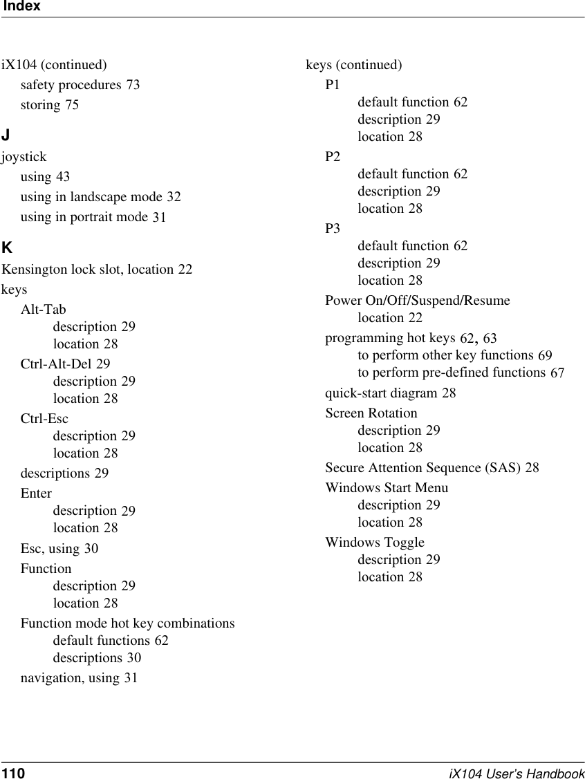 Index110   iX104 User’s HandbookiX104 (continued)safety procedures 73storing 75Jjoystickusing 43using in landscape mode 32using in portrait mode 31KKensington lock slot, location 22keysAlt-Tabdescription 29location 28Ctrl-Alt-Del 29description 29location 28Ctrl-Escdescription 29location 28descriptions 29Enterdescription 29location 28Esc, using 30Functiondescription 29location 28Function mode hot key combinationsdefault functions 62descriptions 30navigation, using 31keys (continued)P1default function 62description 29location 28P2default function 62description 29location 28P3default function 62description 29location 28Power On/Off/Suspend/Resumelocation 22programming hot keys 62, 63to perform other key functions 69to perform pre-defined functions 67quick-start diagram 28Screen Rotationdescription 29location 28Secure Attention Sequence (SAS) 28Windows Start Menudescription 29location 28Windows Toggledescription 29location 28