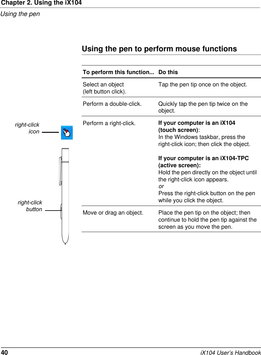 Chapter 2. Using the iX104Using the pen40   iX104 User’s HandbookUsing the pen to perform mouse functionsTo perform this function... Do thisSelect an object (left button click). Tap the pen tip once on the object.Perform a double-click. Quickly tap the pen tip twice on the object.Perform a right-click. If your computer is an iX104 (touch screen):In the Windows taskbar, press the right-click icon; then click the object.If your computer is an iX104-TPC (active screen):Hold the pen directly on the object until the right-click icon appears.orPress the right-click button on the pen while you click the object.Move or drag an object. Place the pen tip on the object; then continue to hold the pen tip against the screen as you move the pen.right-clickiconright-clickbutton