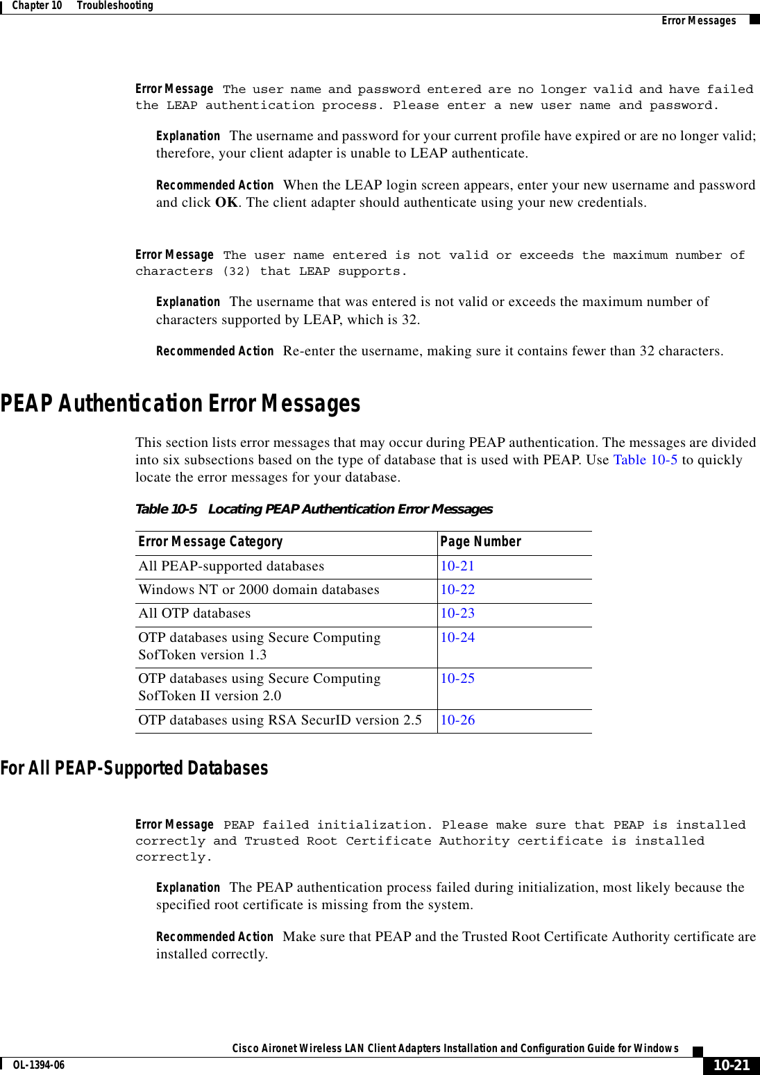 10-21Cisco Aironet Wireless LAN Client Adapters Installation and Configuration Guide for WindowsOL-1394-06Chapter 10      Troubleshooting Error MessagesError Message The user name and password entered are no longer valid and have failed the LEAP authentication process. Please enter a new user name and password.Explanation The username and password for your current profile have expired or are no longer valid; therefore, your client adapter is unable to LEAP authenticate.Recommended Action When the LEAP login screen appears, enter your new username and password and click OK. The client adapter should authenticate using your new credentials.Error Message The user name entered is not valid or exceeds the maximum number of characters (32) that LEAP supports.Explanation The username that was entered is not valid or exceeds the maximum number of characters supported by LEAP, which is 32.Recommended Action Re-enter the username, making sure it contains fewer than 32 characters.PEAP Authentication Error MessagesThis section lists error messages that may occur during PEAP authentication. The messages are divided into six subsections based on the type of database that is used with PEAP. Use Table 10-5 to quickly locate the error messages for your database.For All PEAP-Supported DatabasesError Message PEAP failed initialization. Please make sure that PEAP is installed correctly and Trusted Root Certificate Authority certificate is installed correctly.Explanation The PEAP authentication process failed during initialization, most likely because the specified root certificate is missing from the system.Recommended Action Make sure that PEAP and the Trusted Root Certificate Authority certificate are installed correctly.Table 10-5 Locating PEAP Authentication Error MessagesError Message Category Page NumberAll PEAP-supported databases 10-21Windows NT or 2000 domain databases 10-22All OTP databases 10-23OTP databases using Secure Computing SofToken version 1.3 10-24OTP databases using Secure Computing SofToken II version 2.0 10-25OTP databases using RSA SecurID version 2.5 10-26