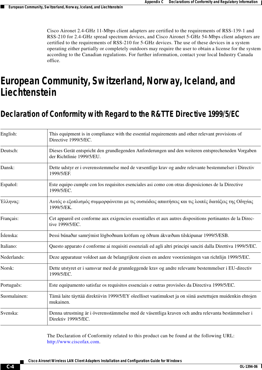 C-4Cisco Aironet Wireless LAN Client Adapters Installation and Configuration Guide for Windows OL-1394-06Appendix C      Declarations of Conformity and Regulatory InformationEuropean Community, Switzerland, Norway, Iceland, and LiechtensteinCisco Aironet 2.4-GHz 11-Mbps client adapters are certified to the requirements of RSS-139-1 and RSS-210 for 2.4-GHz spread spectrum devices, and Cisco Aironet 5-GHz 54-Mbps client adapters are certified to the requirements of RSS-210 for 5-GHz devices. The use of these devices in a system operating either partially or completely outdoors may require the user to obtain a license for the system according to the Canadian regulations. For further information, contact your local Industry Canada office.European Community, Switzerland, Norway, Iceland, and LiechtensteinDeclaration of Conformity with Regard to the R&amp;TTE Directive 1999/5/ECThe Declaration of Conformity related to this product can be found at the following URL: http://www.ciscofax.com.English: This equipment is in compliance with the essential requirements and other relevant provisions of Directive 1999/5/EC.Deutsch: Dieses Gerät entspricht den grundlegenden Anforderungen und den weiteren entsprecheneden Vorgaben der Richtlinie 1999/5/EU.Dansk: Dette udstyr er i overensstemmelse med de væsentlige krav og andre relevante bestemmelser i Directiv 1999/5/EF.Español: Este equipo cumple con los requisitos esenciales asi como con otras disposiciones de la Directive 1999/5/EC.ǲȜȜȘȞĮȢ:ǹȣĲȩȢ Ƞ İȟȠʌȜȚıȝȩȢ ıȣȝȝȠȡĳȫȞİĲĮȚ ȝİ ĲȚȢ ȠȣıȚȫįİȚȢ ĮʌĮȚĲȒıİȚȢ țĮȚ ĲȚȢ ȜȠȚʌȑȢ įȚĮĲȐȟİȚȢ ĲȘȢ ȅįȘȖȓĮȢ1999/5/EȀ.Français: Cet appareil est conforme aux exigencies essentialles et aux autres dispositions pertinantes de la Direc-tive 1999/5/EC.Íslenska: Þessi búnaður samrýmist lögboðnum kröfum og öðrum ákvæðum tilskipunar 1999/5/ESB.Italiano: Questo apparato é conforme ai requisiti essenziali ed agli altri principi sanciti dalla Direttiva 1999/5/EC.Nederlands: Deze apparatuur voldoet aan de belangrijkste eisen en andere voorzieningen van richtlijn 1999/5/EC.Norsk: Dette utstyret er i samsvar med de grunnleggende krav og andre relevante bestemmelser i EU-directiv 1999/5/EC.Português: Este equipamento satisfaz os requisitos essenciais e outras provisões da Directiva 1999/5/EC.Suomalainen: Tämä laite täyttää direktiivin 1999/5/EY oleelliset vaatimukset ja on siinä asetettujen muidenkin ehtojen mukainen.Svenska: Denna utrustning är i överensstämmelse med de väsentliga kraven och andra relevanta bestämmelser i Direktiv 1999/5/EC.