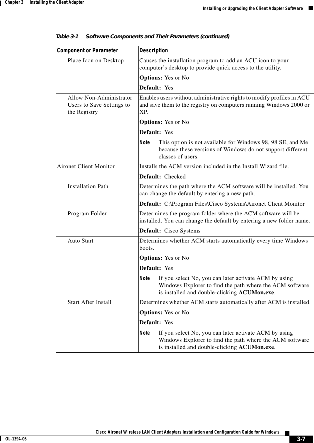 3-7Cisco Aironet Wireless LAN Client Adapters Installation and Configuration Guide for WindowsOL-1394-06Chapter 3      Installing the Client Adapter Installing or Upgrading the Client Adapter SoftwarePlace Icon on Desktop Causes the installation program to add an ACU icon to your computer’s desktop to provide quick access to the utility.Options: Yes or NoDefault: YesAllow Non-Administrator Users to Save Settings to the RegistryEnables users without administrative rights to modify profiles in ACU and save them to the registry on computers running Windows 2000 or XP.Options: Yes or NoDefault: YesNote This option is not available for Windows 98, 98 SE, and Me because these versions of Windows do not support different classes of users.Aironet Client Monitor Installs the ACM version included in the Install Wizard file.Default: CheckedInstallation Path Determines the path where the ACM software will be installed. You can change the default by entering a new path.Default: C:\Program Files\Cisco Systems\Aironet Client MonitorProgram Folder Determines the program folder where the ACM software will be installed. You can change the default by entering a new folder name.Default: Cisco SystemsAuto Start Determines whether ACM starts automatically every time Windows boots.Options: Yes or NoDefault: YesNote If you select No, you can later activate ACM by using Windows Explorer to find the path where the ACM software is installed and double-clicking ACUMon.exe.Start After Install Determines whether ACM starts automatically after ACM is installed.Options: Yes or NoDefault: YesNote If you select No, you can later activate ACM by using Windows Explorer to find the path where the ACM software is installed and double-clicking ACUMon.exe.Table 3-1 Software Components and Their Parameters (continued)Component or Parameter Description