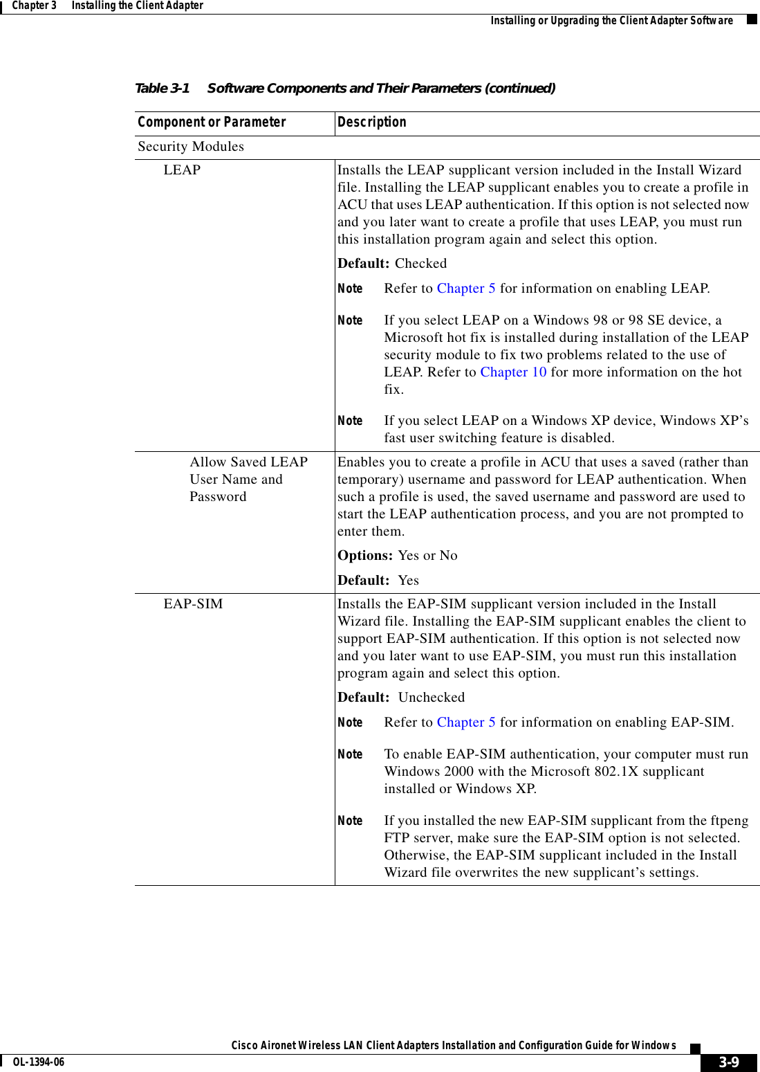 3-9Cisco Aironet Wireless LAN Client Adapters Installation and Configuration Guide for WindowsOL-1394-06Chapter 3      Installing the Client Adapter Installing or Upgrading the Client Adapter SoftwareSecurity ModulesLEAP Installs the LEAP supplicant version included in the Install Wizard file. Installing the LEAP supplicant enables you to create a profile in ACU that uses LEAP authentication. If this option is not selected now and you later want to create a profile that uses LEAP, you must run this installation program again and select this option.Default: CheckedNote Refer to Chapter 5 for information on enabling LEAP.Note If you select LEAP on a Windows 98 or 98 SE device, a Microsoft hot fix is installed during installation of the LEAP security module to fix two problems related to the use of LEAP. Refer to Chapter 10 for more information on the hot fix.Note If you select LEAP on a Windows XP device, Windows XP’s fast user switching feature is disabled.Allow Saved LEAP User Name and PasswordEnables you to create a profile in ACU that uses a saved (rather than temporary) username and password for LEAP authentication. When such a profile is used, the saved username and password are used to start the LEAP authentication process, and you are not prompted to enter them.Options: Yes or NoDefault: YesEAP-SIM Installs the EAP-SIM supplicant version included in the Install Wizard file. Installing the EAP-SIM supplicant enables the client to support EAP-SIM authentication. If this option is not selected now and you later want to use EAP-SIM, you must run this installation program again and select this option.Default: UncheckedNote Refer to Chapter 5 for information on enabling EAP-SIM.Note To enable EAP-SIM authentication, your computer must run Windows 2000 with the Microsoft 802.1X supplicant installed or Windows XP.Note If you installed the new EAP-SIM supplicant from the ftpeng FTP server, make sure the EAP-SIM option is not selected. Otherwise, the EAP-SIM supplicant included in the Install Wizard file overwrites the new supplicant’s settings.Table 3-1 Software Components and Their Parameters (continued)Component or Parameter Description