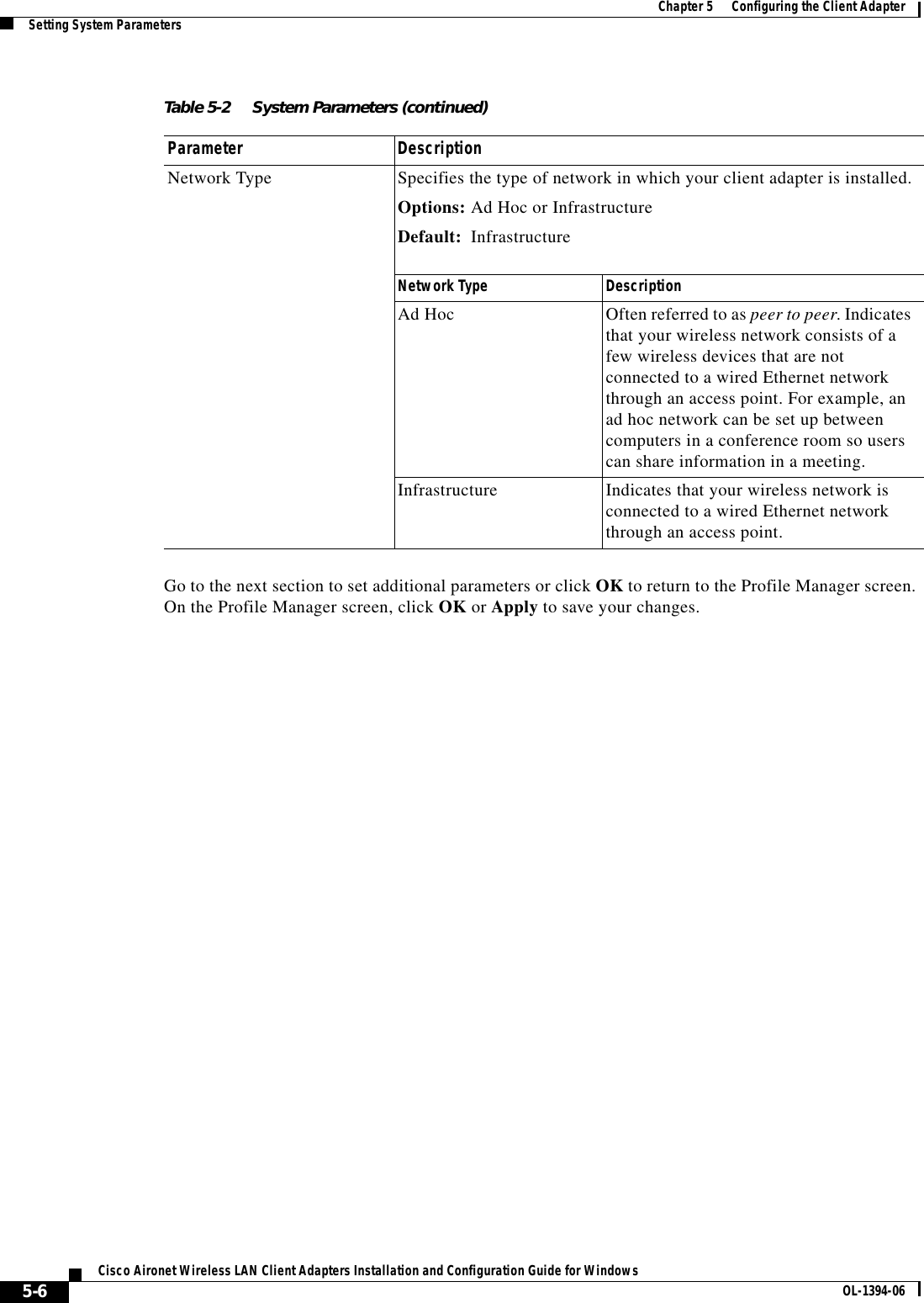 5-6Cisco Aironet Wireless LAN Client Adapters Installation and Configuration Guide for Windows OL-1394-06Chapter 5      Configuring the Client AdapterSetting System ParametersGo to the next section to set additional parameters or click OK to return to the Profile Manager screen. On the Profile Manager screen, click OK or Apply to save your changes.Network Type Specifies the type of network in which your client adapter is installed.Options: Ad Hoc or InfrastructureDefault: InfrastructureNetwork Type DescriptionAd Hoc Often referred to as peer to peer. Indicates that your wireless network consists of a few wireless devices that are not connected to a wired Ethernet network through an access point. For example, an ad hoc network can be set up between computers in a conference room so users can share information in a meeting.Infrastructure Indicates that your wireless network is connected to a wired Ethernet network through an access point.Table 5-2 System Parameters (continued) Parameter Description