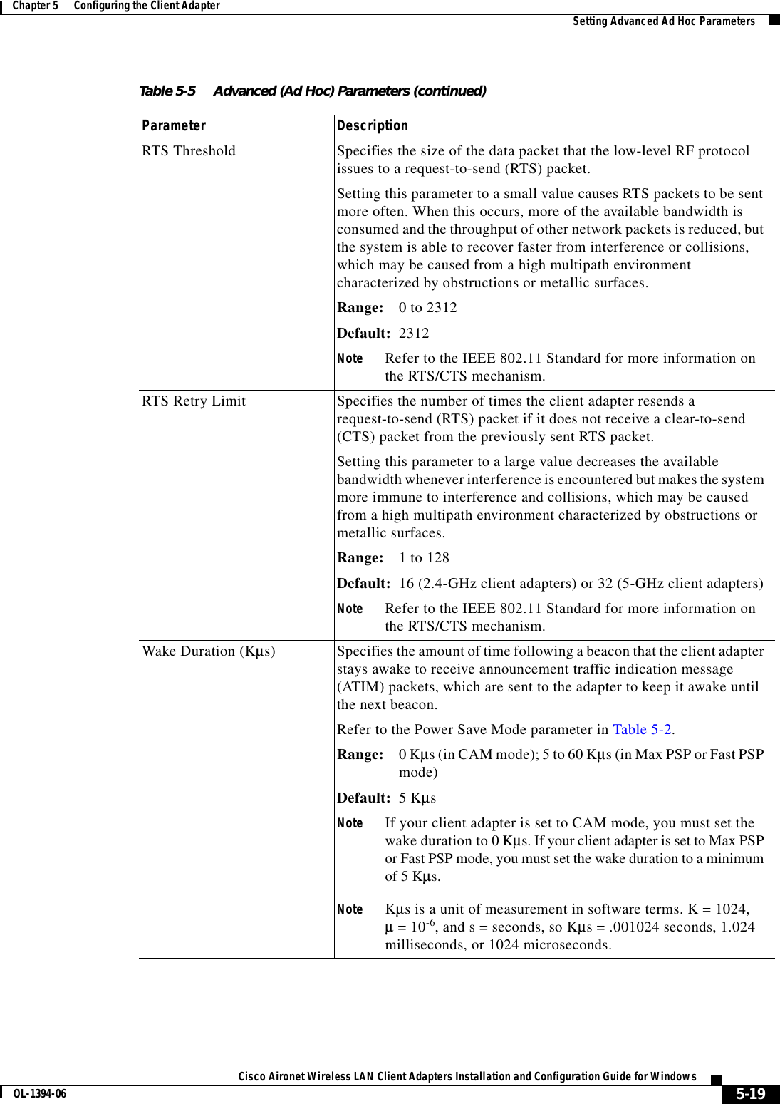 5-19Cisco Aironet Wireless LAN Client Adapters Installation and Configuration Guide for WindowsOL-1394-06Chapter 5      Configuring the Client Adapter Setting Advanced Ad Hoc ParametersRTS Threshold Specifies the size of the data packet that the low-level RF protocol issues to a request-to-send (RTS) packet.Setting this parameter to a small value causes RTS packets to be sent more often. When this occurs, more of the available bandwidth is consumed and the throughput of other network packets is reduced, but the system is able to recover faster from interference or collisions, which may be caused from a high multipath environment characterized by obstructions or metallic surfaces.Range: 0 to 2312Default: 2312Note Refer to the IEEE 802.11 Standard for more information on the RTS/CTS mechanism.RTS Retry Limit Specifies the number of times the client adapter resends a request-to-send (RTS) packet if it does not receive a clear-to-send (CTS) packet from the previously sent RTS packet.Setting this parameter to a large value decreases the available bandwidth whenever interference is encountered but makes the system more immune to interference and collisions, which may be caused from a high multipath environment characterized by obstructions or metallic surfaces.Range: 1 to 128Default: 16 (2.4-GHz client adapters) or 32 (5-GHz client adapters)Note Refer to the IEEE 802.11 Standard for more information on the RTS/CTS mechanism.Wake Duration (Kµs) Specifies the amount of time following a beacon that the client adapter stays awake to receive announcement traffic indication message (ATIM) packets, which are sent to the adapter to keep it awake until the next beacon.Refer to the Power Save Mode parameter in Table 5-2.Range: 0 Kµs (in CAM mode); 5 to 60 Kµs (in Max PSP or Fast PSP mode)Default: 5 KµsNote If your client adapter is set to CAM mode, you must set the wake duration to 0 Kµs. If your client adapter is set to Max PSP or Fast PSP mode, you must set the wake duration to a minimum of 5 Kµs.Note Kµs is a unit of measurement in software terms. K = 1024,µ = 10-6, and s = seconds, so Kµs = .001024 seconds, 1.024 milliseconds, or 1024 microseconds.Table 5-5 Advanced (Ad Hoc) Parameters (continued)Parameter Description