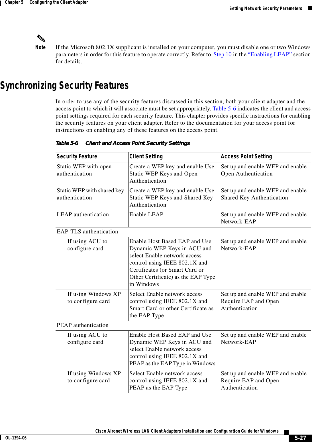 5-27Cisco Aironet Wireless LAN Client Adapters Installation and Configuration Guide for WindowsOL-1394-06Chapter 5      Configuring the Client Adapter Setting Network Security ParametersNote If the Microsoft 802.1X supplicant is installed on your computer, you must disable one or two Windows parameters in order for this feature to operate correctly. Refer to  Step 10 in the “Enabling LEAP” section for details.Synchronizing Security FeaturesIn order to use any of the security features discussed in this section, both your client adapter and the access point to which it will associate must be set appropriately. Table 5-6 indicates the client and access point settings required for each security feature. This chapter provides specific instructions for enabling the security features on your client adapter. Refer to the documentation for your access point for instructions on enabling any of these features on the access point.Table 5-6 Client and Access Point Security SettingsSecurity Feature Client Setting Access Point SettingStatic WEP with open authentication Create a WEP key and enable Use Static WEP Keys and Open AuthenticationSet up and enable WEP and enable Open AuthenticationStatic WEP with shared key authentication Create a WEP key and enable Use Static WEP Keys and Shared Key AuthenticationSet up and enable WEP and enable Shared Key AuthenticationLEAP authentication Enable LEAP Set up and enable WEP and enable Network-EAPEAP-TLS authenticationIf using ACU to configure card Enable Host Based EAP and Use Dynamic WEP Keys in ACU and select Enable network access control using IEEE 802.1X and Certificates (or Smart Card or Other Certificate) as the EAP Type in WindowsSet up and enable WEP and enable Network-EAPIf using Windows XP to configure card Select Enable network access control using IEEE 802.1X and Smart Card or other Certificate as the EAP TypeSet up and enable WEP and enable Require EAP and Open AuthenticationPEAP authenticationIf using ACU to configure card Enable Host Based EAP and Use Dynamic WEP Keys in ACU and select Enable network access control using IEEE 802.1X and PEAP as the EAP Type in Windows Set up and enable WEP and enable Network-EAPIf using Windows XP to configure card Select Enable network access control using IEEE 802.1X and PEAP as the EAP TypeSet up and enable WEP and enable Require EAP and Open Authentication
