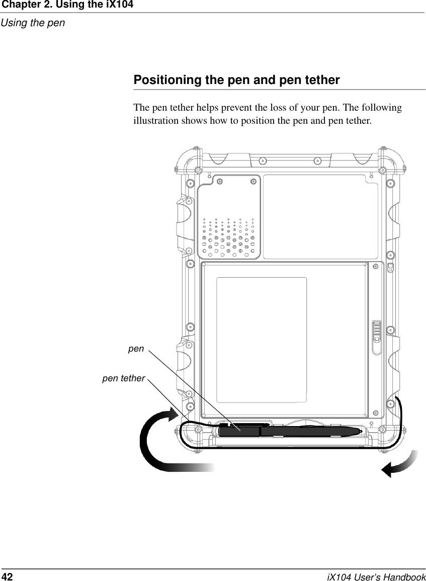 Chapter 2. Using the iX104Using the pen42   iX104 User’s HandbookPositioning the pen and pen tetherThe pen tether helps prevent the loss of your pen. The following illustration shows how to position the pen and pen tether.pen tetherpen