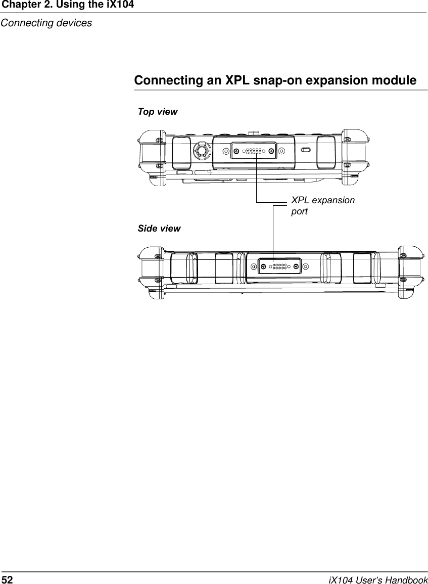 Chapter 2. Using the iX104Connecting devices52   iX104 User’s HandbookConnecting an XPL snap-on expansion moduleXPL expansion portTop viewSide view