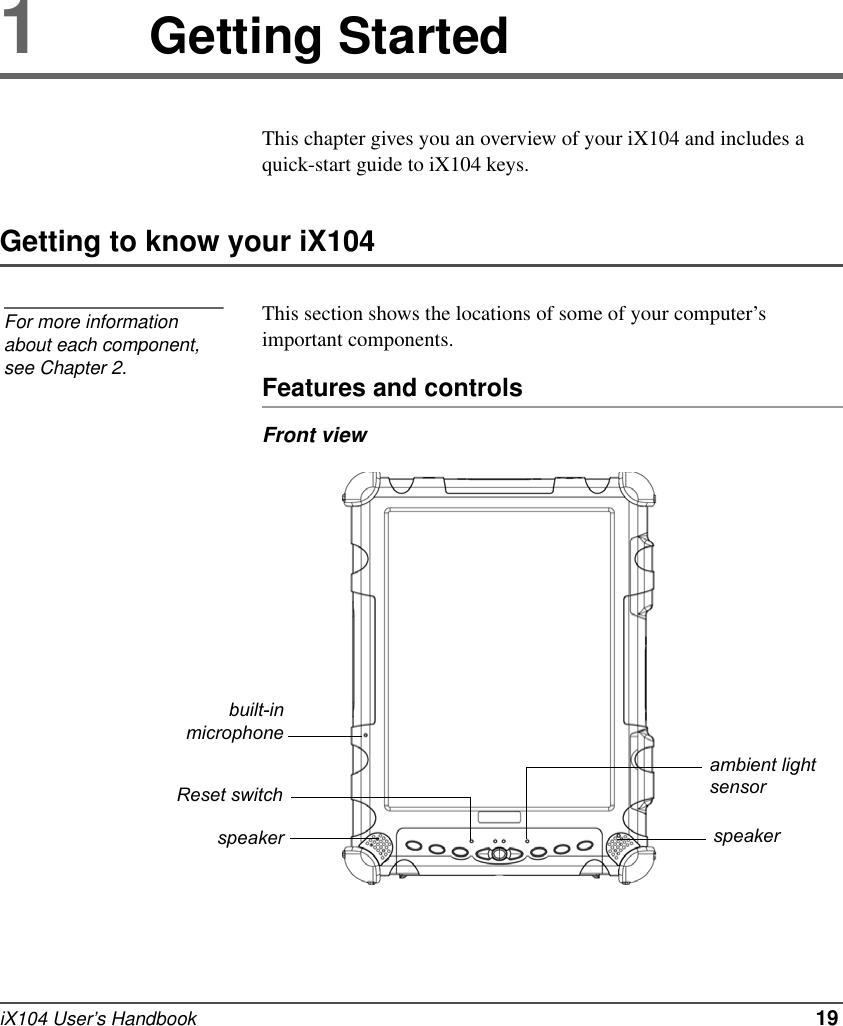 iX104 User’s Handbook   191Getting StartedThis chapter gives you an overview of your iX104 and includes a quick-start guide to iX104 keys.Getting to know your iX104This section shows the locations of some of your computer’s important components.Features and controlsFront viewFor more information about each component, see Chapter 2.built-inmicrophonespeaker speakerambient light sensorReset switch