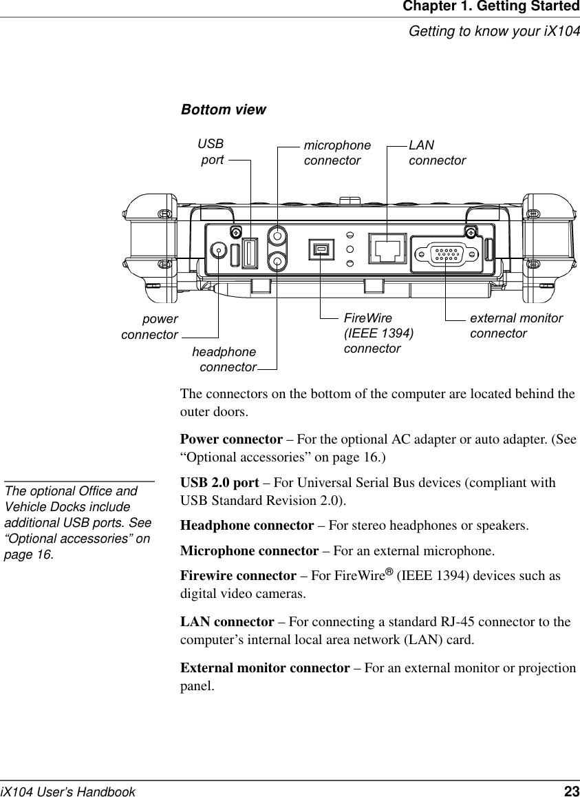 Chapter 1. Getting StartedGetting to know your iX104iX104 User’s Handbook   23Bottom viewThe connectors on the bottom of the computer are located behind the outer doors.Power connector – For the optional AC adapter or auto adapter. (See “Optional accessories” on page 16.)USB 2.0 port – For Universal Serial Bus devices (compliant with USB Standard Revision 2.0). Headphone connector – For stereo headphones or speakers.Microphone connector – For an external microphone.Firewire connector – For FireWire® (IEEE 1394) devices such as digital video cameras.LAN connector – For connecting a standard RJ-45 connector to the computer’s internal local area network (LAN) card.External monitor connector – For an external monitor or projection panel.microphoneconnectorpowerconnectorexternal monitorconnectorLANconnectorUSBportheadphoneconnectorFireWire (IEEE 1394)connectorThe optional Office and Vehicle Docks include additional USB ports. See “Optional accessories” on page 16.