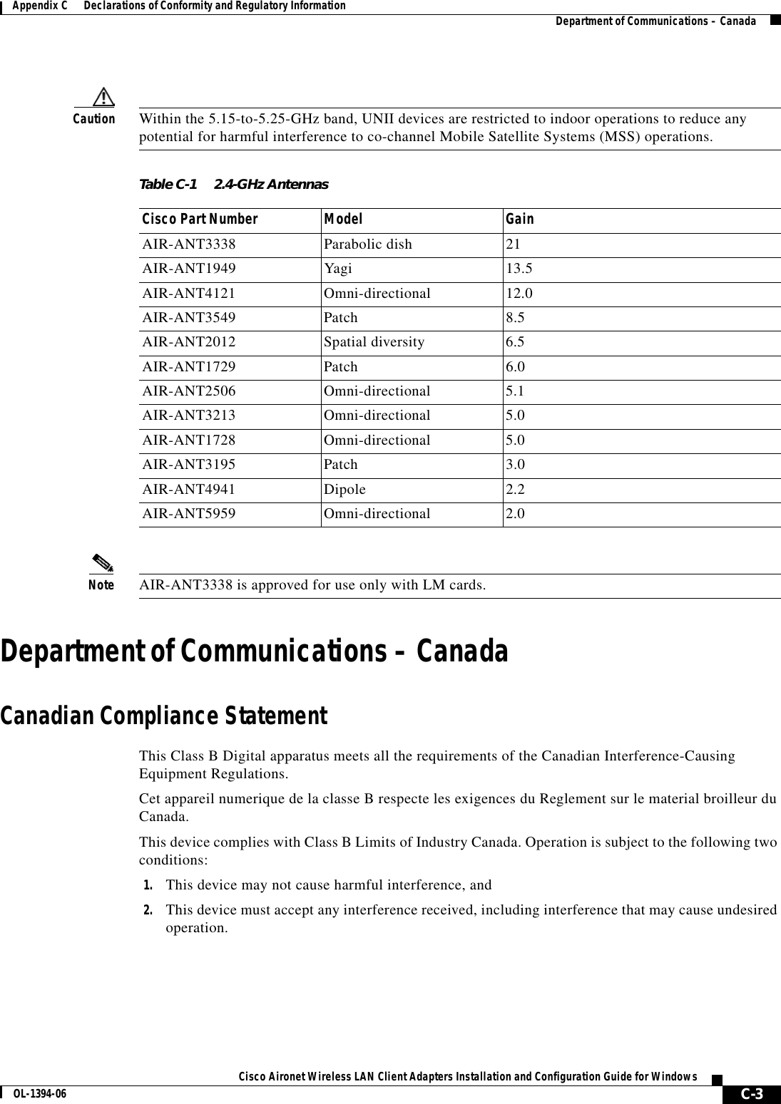 C-3Cisco Aironet Wireless LAN Client Adapters Installation and Configuration Guide for WindowsOL-1394-06Appendix C      Declarations of Conformity and Regulatory Information Department of Communications – CanadaCaution Within the 5.15-to-5.25-GHz band, UNII devices are restricted to indoor operations to reduce any potential for harmful interference to co-channel Mobile Satellite Systems (MSS) operations.Note AIR-ANT3338 is approved for use only with LM cards.Department of Communications – CanadaCanadian Compliance StatementThis Class B Digital apparatus meets all the requirements of the Canadian Interference-Causing Equipment Regulations.Cet appareil numerique de la classe B respecte les exigences du Reglement sur le material broilleur du Canada.This device complies with Class B Limits of Industry Canada. Operation is subject to the following two conditions:1. This device may not cause harmful interference, and2. This device must accept any interference received, including interference that may cause undesired operation.Table C-1 2.4-GHz AntennasCisco Part Number Model GainAIR-ANT3338 Parabolic dish 21AIR-ANT1949 Yagi 13.5AIR-ANT4121 Omni-directional 12.0AIR-ANT3549 Patch 8.5AIR-ANT2012 Spatial diversity 6.5AIR-ANT1729 Patch 6.0AIR-ANT2506 Omni-directional 5.1AIR-ANT3213 Omni-directional 5.0AIR-ANT1728 Omni-directional 5.0AIR-ANT3195 Patch 3.0AIR-ANT4941 Dipole 2.2AIR-ANT5959 Omni-directional 2.0