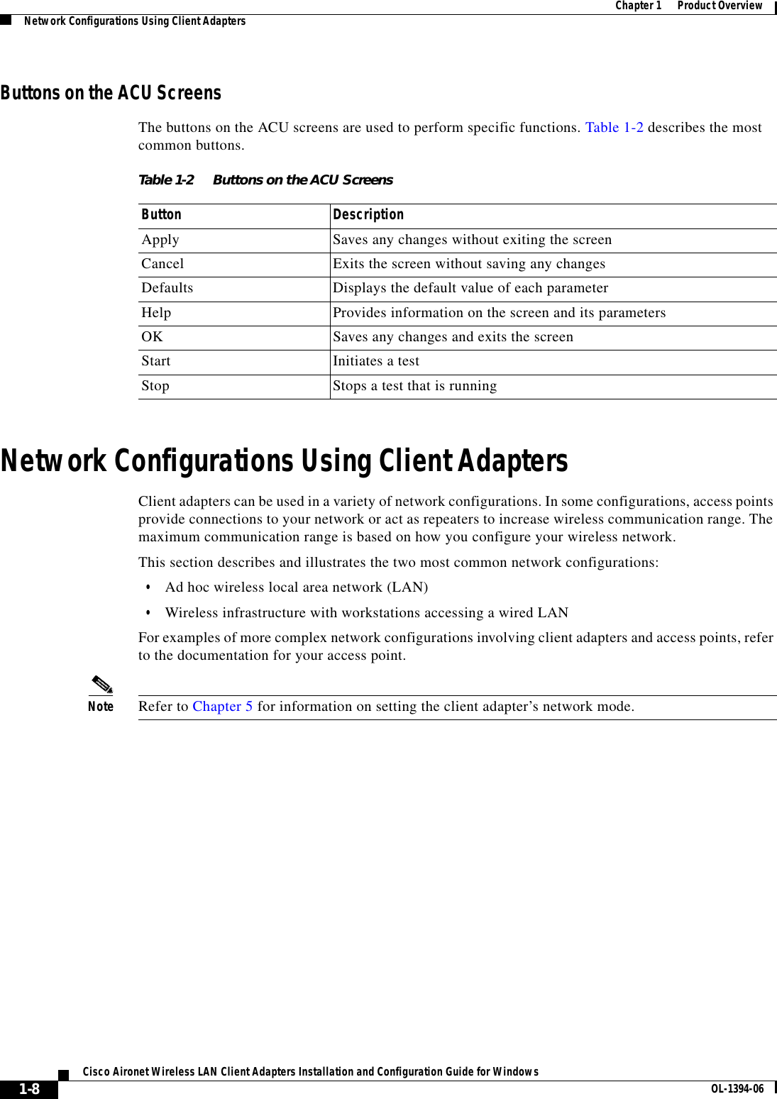 1-8Cisco Aironet Wireless LAN Client Adapters Installation and Configuration Guide for Windows OL-1394-06Chapter 1      Product OverviewNetwork Configurations Using Client AdaptersButtons on the ACU ScreensThe buttons on the ACU screens are used to perform specific functions. Table 1-2 describes the most common buttons.Network Configurations Using Client AdaptersClient adapters can be used in a variety of network configurations. In some configurations, access points provide connections to your network or act as repeaters to increase wireless communication range. The maximum communication range is based on how you configure your wireless network.This section describes and illustrates the two most common network configurations:•Ad hoc wireless local area network (LAN)•Wireless infrastructure with workstations accessing a wired LANFor examples of more complex network configurations involving client adapters and access points, refer to the documentation for your access point.Note Refer to Chapter 5 for information on setting the client adapter’s network mode.Table 1-2 Buttons on the ACU ScreensButton DescriptionApply Saves any changes without exiting the screenCancel Exits the screen without saving any changesDefaults Displays the default value of each parameterHelp Provides information on the screen and its parametersOK Saves any changes and exits the screenStart Initiates a testStop Stops a test that is running