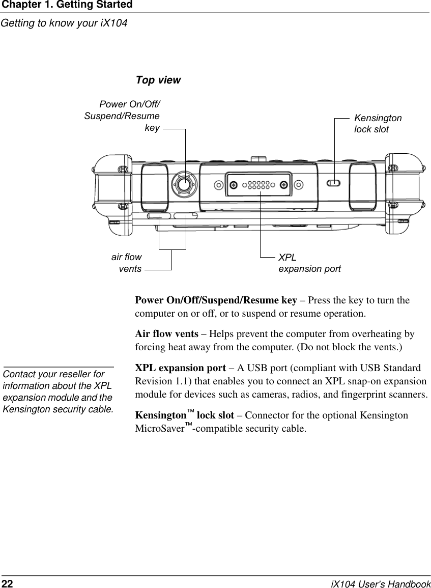 Chapter 1. Getting StartedGetting to know your iX10422   iX104 User’s HandbookTop viewPower On/Off/Suspend/Resume key – Press the key to turn the computer on or off, or to suspend or resume operation.Air flow vents – Helps prevent the computer from overheating by forcing heat away from the computer. (Do not block the vents.)XPL expansion port – A USB port (compliant with USB Standard Revision 1.1) that enables you to connect an XPL snap-on expansion module for devices such as cameras, radios, and fingerprint scanners. Kensington™ lock slot – Connector for the optional Kensington MicroSaver™-compatible security cable.Power On/Off/Suspend/Resumekeyair flowventsXPL expansion portKensingtonlock slotContact your reseller for information about the XPL expansion module and the Kensington security cable.