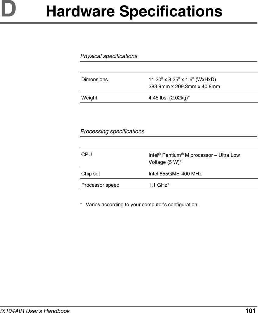 iX104AtR User’s Handbook   101DHardware Specifications* Varies according to your computer’s configuration.Physical specificationsDimensions 11.20” x 8.25” x 1.6” (WxHxD)283.9mm x 209.3mm x 40.8mmWeight 4.45 lbs. (2.02kg)*Processing specificationsCPU Intel® Pentium® M processor – Ultra Low Voltage (5 W)*Chip set Intel 855GME-400 MHzProcessor speed 1.1 GHz*