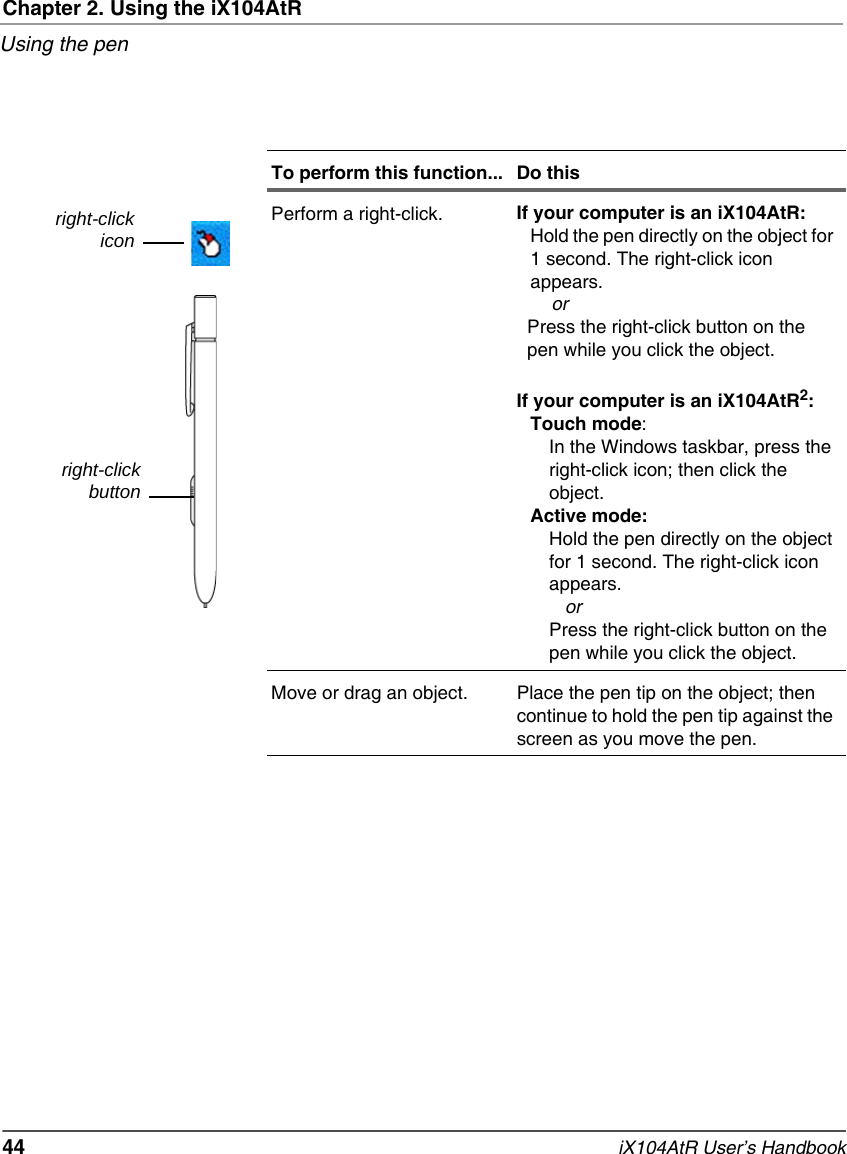 Chapter 2. Using the iX104AtRUsing the pen44   iX104AtR User’s HandbookPerform a right-click. If your computer is an iX104AtR:Hold the pen directly on the object for 1 second. The right-click icon appears.    orPress the right-click button on the pen while you click the object.If your computer is an iX104AtR2:Touch mode:In the Windows taskbar, press the right-click icon; then click the object.Active mode:Hold the pen directly on the object for 1 second. The right-click icon appears.   orPress the right-click button on the pen while you click the object.Move or drag an object. Place the pen tip on the object; then continue to hold the pen tip against the screen as you move the pen.To perform this function... Do thisright-clickiconright-clickbutton