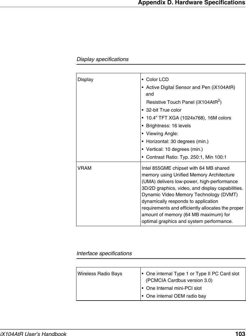 Appendix D. Hardware SpecificationsiX104AtR User’s Handbook   103Display specificationsDisplay • Color LCD• Active Digital Sensor and Pen (iX104AtR)   andResistive Touch Panel (iX104AtR2)• 32-bit True color• 10.4” TFT XGA (1024x768), 16M colors• Brightness: 16 levels• Viewing Angle:• Horizontal: 30 degrees (min.)• Vertical: 10 degrees (min.) • Contrast Ratio: Typ. 250:1, Min 100:1VRAM Intel 855GME chipset with 64 MB shared memory using Unified Memory Architecture (UMA) delivers low-power, high-performance 3D/2D graphics, video, and display capabilities. Dynamic Video Memory Technology (DVMT) dynamically responds to application requirements and efficiently allocates the proper amount of memory (64 MB maximum) for optimal graphics and system performance.Interface specificationsWireless Radio Bays • One internal Type 1 or Type II PC Card slot (PCMCIA Cardbus version 3.0)• One Internal mini-PCI slot• One internal OEM radio bay