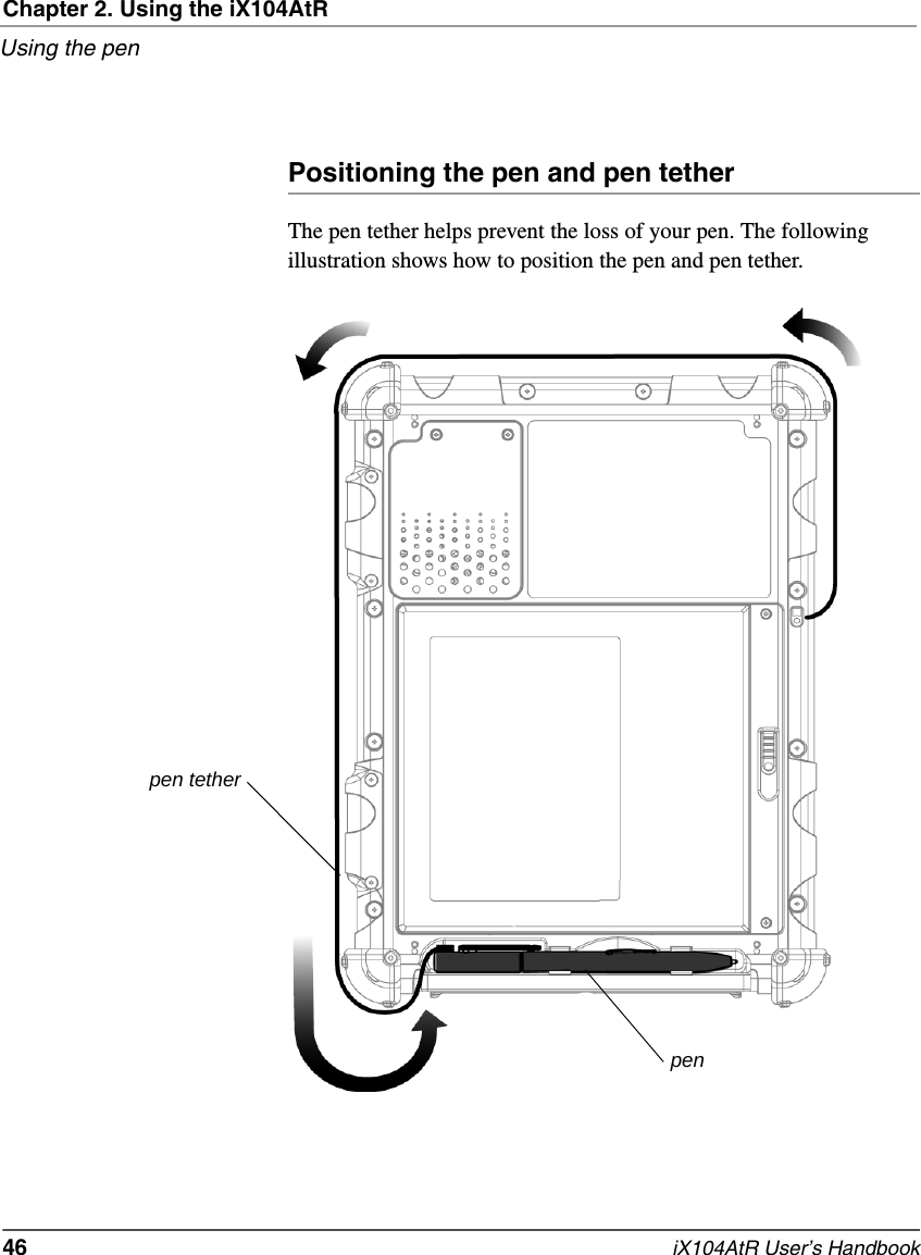 Chapter 2. Using the iX104AtRUsing the pen46   iX104AtR User’s HandbookPositioning the pen and pen tetherThe pen tether helps prevent the loss of your pen. The following illustration shows how to position the pen and pen tether.pen tetherpen