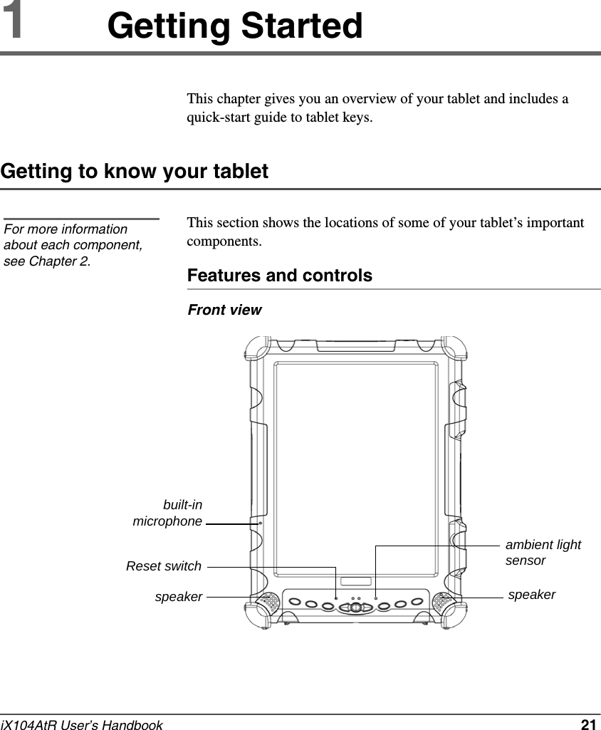 iX104AtR User’s Handbook   211Getting StartedThis chapter gives you an overview of your tablet and includes a quick-start guide to tablet keys.Getting to know your tabletThis section shows the locations of some of your tablet’s important components.Features and controlsFront viewFor more information about each component, see Chapter 2.built-inmicrophonespeaker speakerambient light sensorReset switch