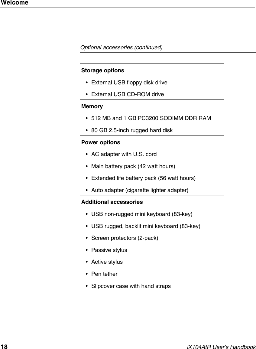 Welcome18   iX104AtR User’s HandbookStorage options• External USB floppy disk drive• External USB CD-ROM driveMemory• 512 MB and 1 GB PC3200 SODIMM DDR RAM• 80 GB 2.5-inch rugged hard diskPower options• AC adapter with U.S. cord• Main battery pack (42 watt hours)• Extended life battery pack (56 watt hours)• Auto adapter (cigarette lighter adapter)Additional accessories• USB non-rugged mini keyboard (83-key)• USB rugged, backlit mini keyboard (83-key)• Screen protectors (2-pack)• Passive stylus• Active stylus• Pen tether• Slipcover case with hand strapsOptional accessories (continued)