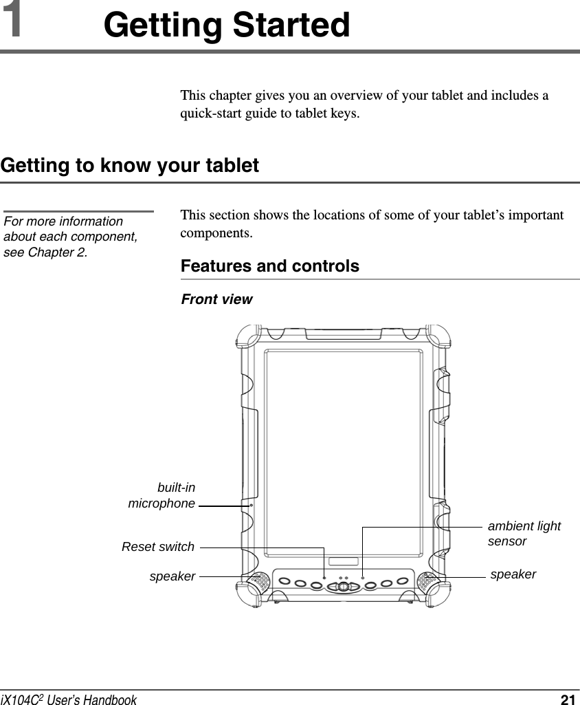 iX104C2 User’s Handbook  211Getting StartedThis chapter gives you an overview of your tablet and includes a quick-start guide to tablet keys.Getting to know your tabletThis section shows the locations of some of your tablet’s important components.Features and controlsFront viewFor more information about each component, see Chapter 2.built-inmicrophonespeaker speakerambient light sensorReset switch