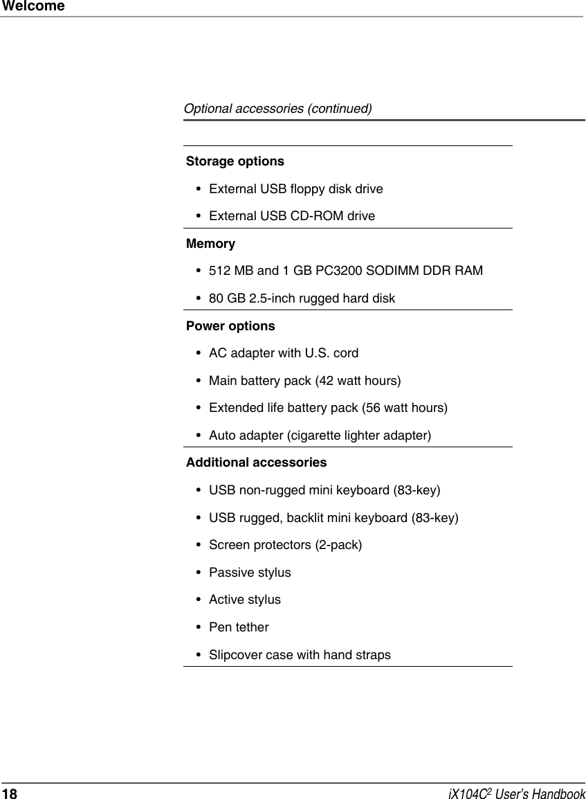 Welcome18  iX104C2 User’s HandbookStorage options• External USB floppy disk drive• External USB CD-ROM driveMemory• 512 MB and 1 GB PC3200 SODIMM DDR RAM• 80 GB 2.5-inch rugged hard diskPower options• AC adapter with U.S. cord• Main battery pack (42 watt hours)• Extended life battery pack (56 watt hours)• Auto adapter (cigarette lighter adapter)Additional accessories• USB non-rugged mini keyboard (83-key)• USB rugged, backlit mini keyboard (83-key)• Screen protectors (2-pack)• Passive stylus• Active stylus• Pen tether• Slipcover case with hand strapsOptional accessories (continued)