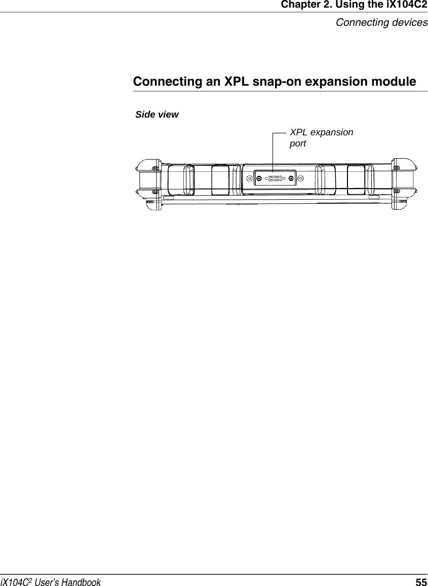 Chapter 2. Using the iX104C2Connecting devicesiX104C2 User’s Handbook  55Connecting an XPL snap-on expansion moduleXPL expansion portSide view