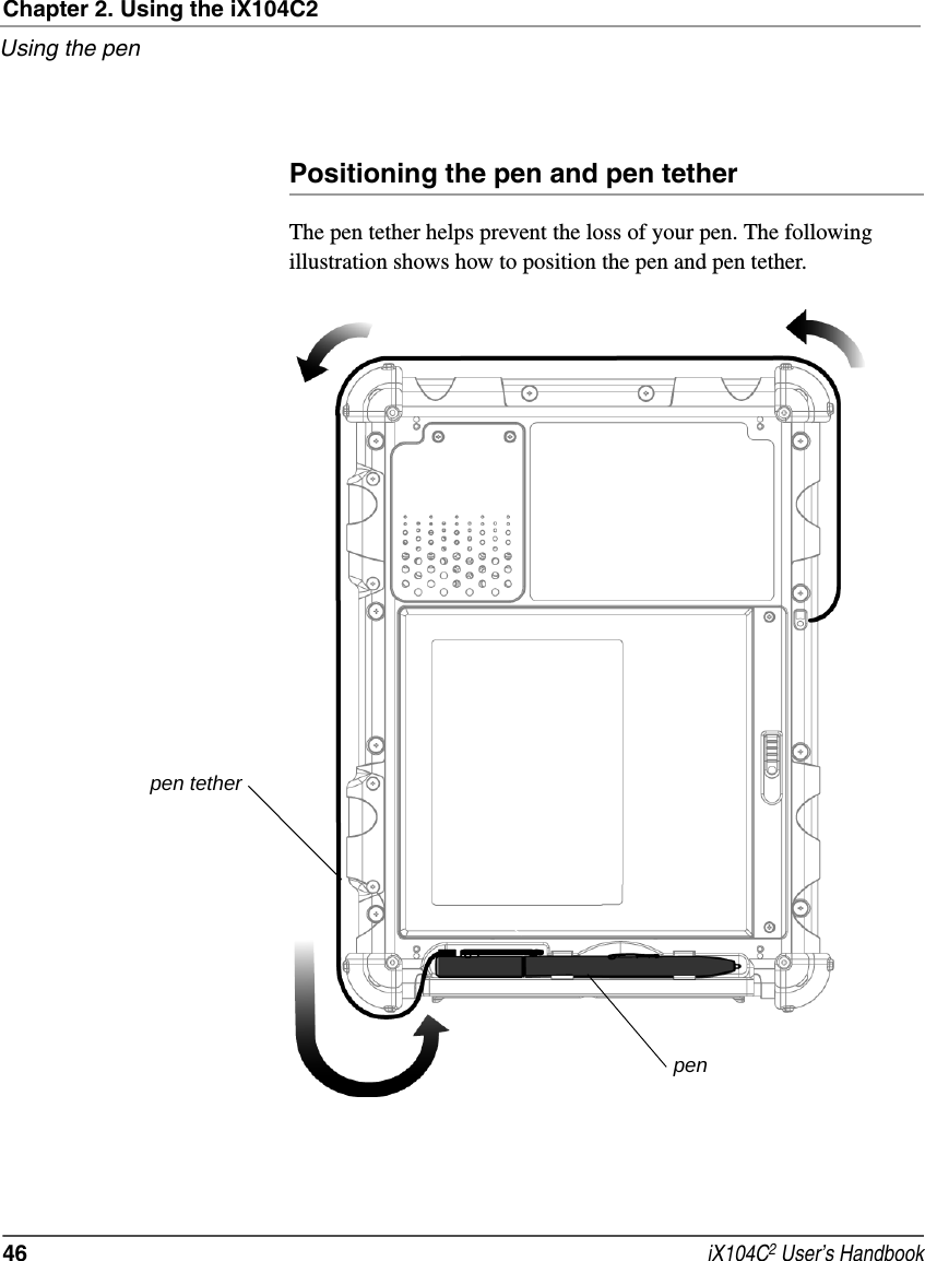 Chapter 2. Using the iX104C2Using the pen46  iX104C2 User’s HandbookPositioning the pen and pen tetherThe pen tether helps prevent the loss of your pen. The following illustration shows how to position the pen and pen tether.pen tetherpen