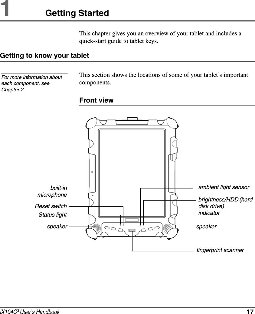 iX104C3 User’s Handbook  171Getting StartedThis chapter gives you an overview of your tablet and includes a quick-start guide to tablet keys.Getting to know your tabletThis section shows the locations of some of your tablet’s important components.Front viewFor more information about each component, see Chapter 2.built-inmicrophonespeaker speakerambient light sensorReset switchStatus lightbrightness/HDD (hard disk drive) indicatorfingerprint scanner