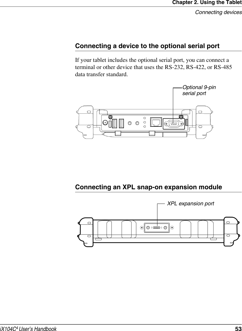 Chapter 2. Using the TabletConnecting devicesiX104C4 User’s Handbook  53Connecting a device to the optional serial portIf your tablet includes the optional serial port, you can connect a terminal or other device that uses the RS-232, RS-422, or RS-485 data transfer standard.Connecting an XPL snap-on expansion moduleOptional 9-pin serial portXPL expansion port