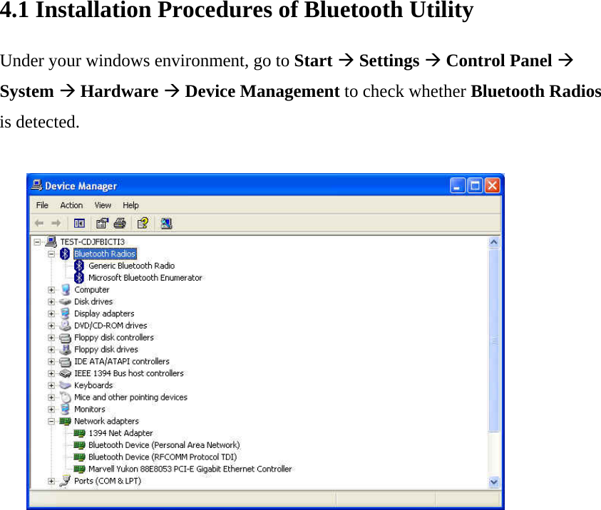 4.1 Installation Procedures of Bluetooth Utility  Under your windows environment, go to Start Æ Settings Æ Control Panel Æ System Æ Hardware Æ Device Management to check whether Bluetooth Radios is detected.                   