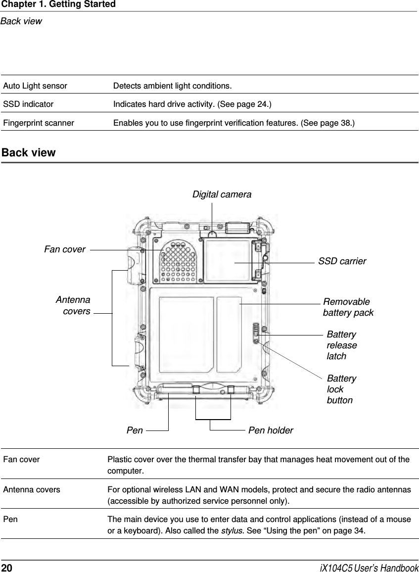 Chapter 1. Getting StartedBack view20  iX104C5 User’s HandbookBack viewAuto Light sensor Detects ambient light conditions.SSD indicator Indicates hard drive activity. (See page 24.)Fingerprint scanner Enables you to use fingerprint verification features. (See page 38.)Fan coverPenRemovablebattery packBatteryreleaselatchPen holderAntennacoversDigital cameraBatterylockbuttonSSD carrierFan cover Plastic cover over the thermal transfer bay that manages heat movement out of the computer.Antenna covers For optional wireless LAN and WAN models, protect and secure the radio antennas (accessible by authorized service personnel only).Pen The main device you use to enter data and control applications (instead of a mouse or a keyboard). Also called the stylus. See “Using the pen” on page 34.