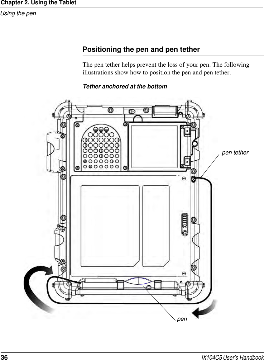 Chapter 2. Using the TabletUsing the pen36  iX104C5 User’s HandbookPositioning the pen and pen tetherThe pen tether helps prevent the loss of your pen. The following illustrations show how to position the pen and pen tether.Tether anchored at the bottompen tetherpen